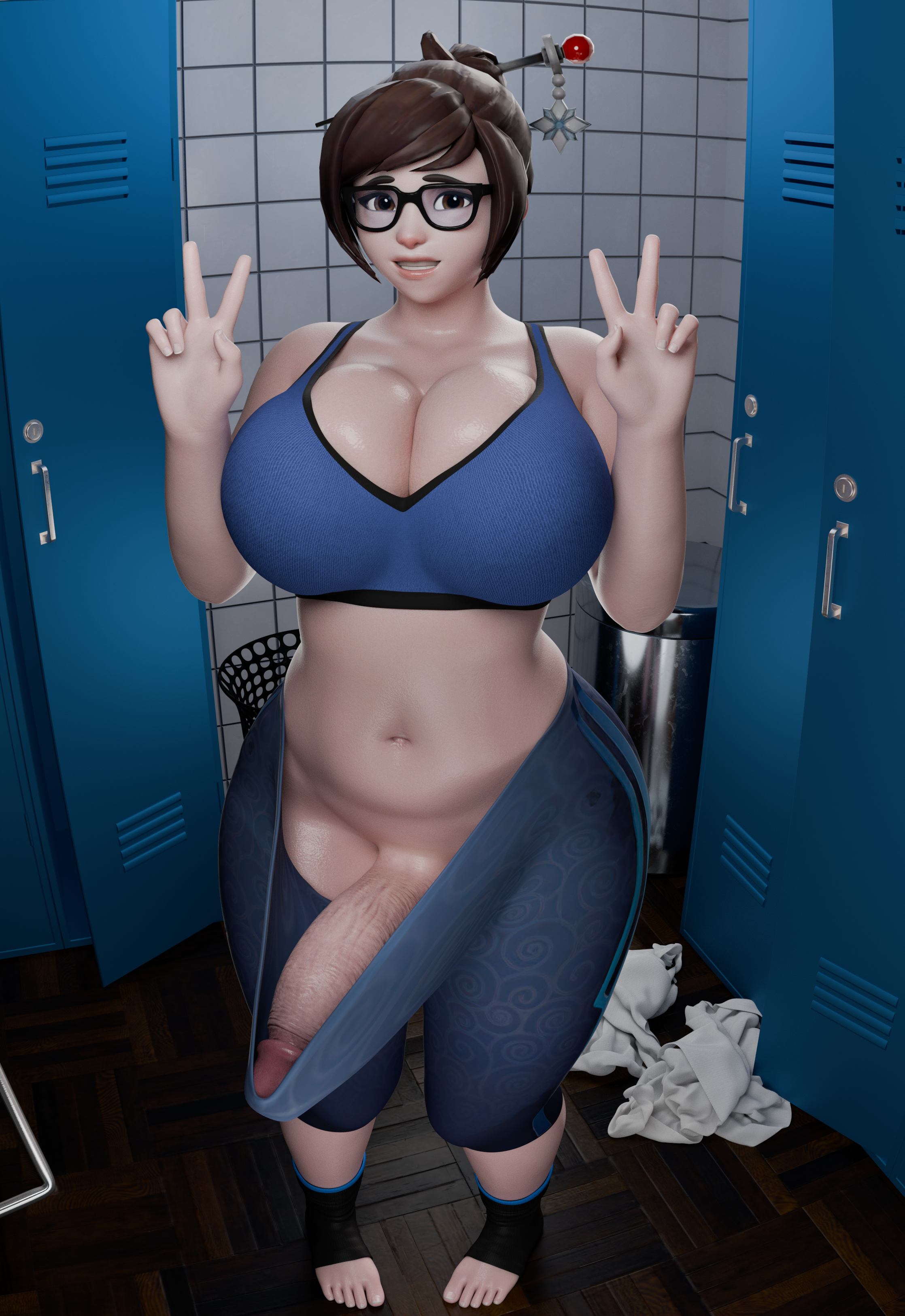 1futa, 3d, ass, belly, belly button, big breasts, big penis, blizzard entertainment, breasts, brown hair, brunette hair, busty, chubby, curves, curvy, erect penis, erection, erection under clothes, futa only, futanari, glasses, gym clothes, hair ornament, hard on, huge ass, huge cock, hung, hung futa, intersex, large breasts, large penis, leggings, light skin, light-skinned futa, locker room, massive breasts, mei (overwatch), overwatch, overwatch 2, peace sign, penis, penis peek, slightly chubby, tenting, toes, tummy, veiny penis, workout clothes, yoga pants, zzzxxxccc