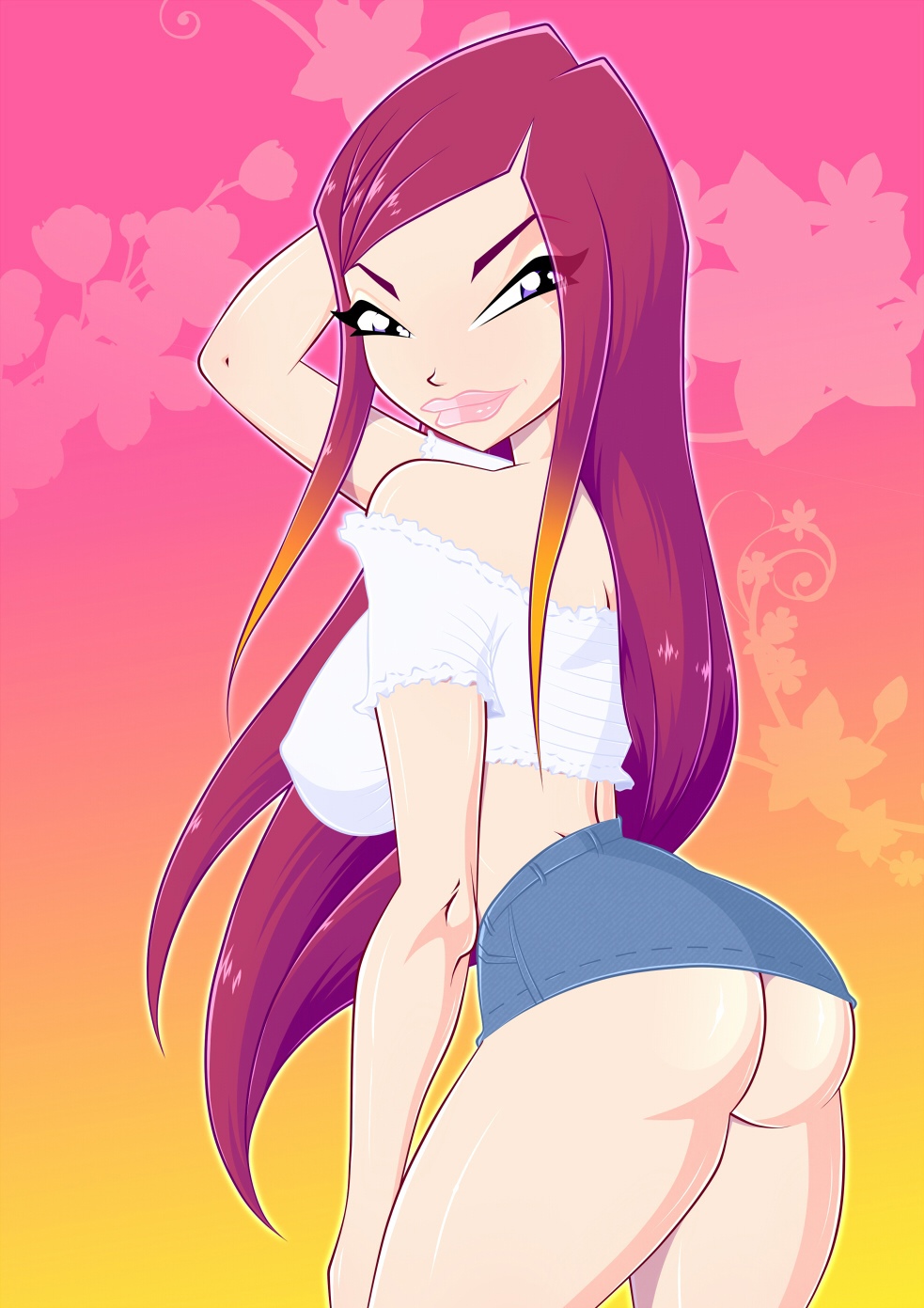 1girls 4kids_entertainment ass big_ass big_breasts breasts crop_top denim_shorts eyeshadow gradient_hair hand_behind_head human jpeg long_hair looking_at_viewer looking_back nickelodeon nipple_bulge pink_hair pinup purple_eyes rainbow_(animation_studio) roxy_(winx_club) smirk solo thick_thighs thin_waist voluptuous winx_club zfive