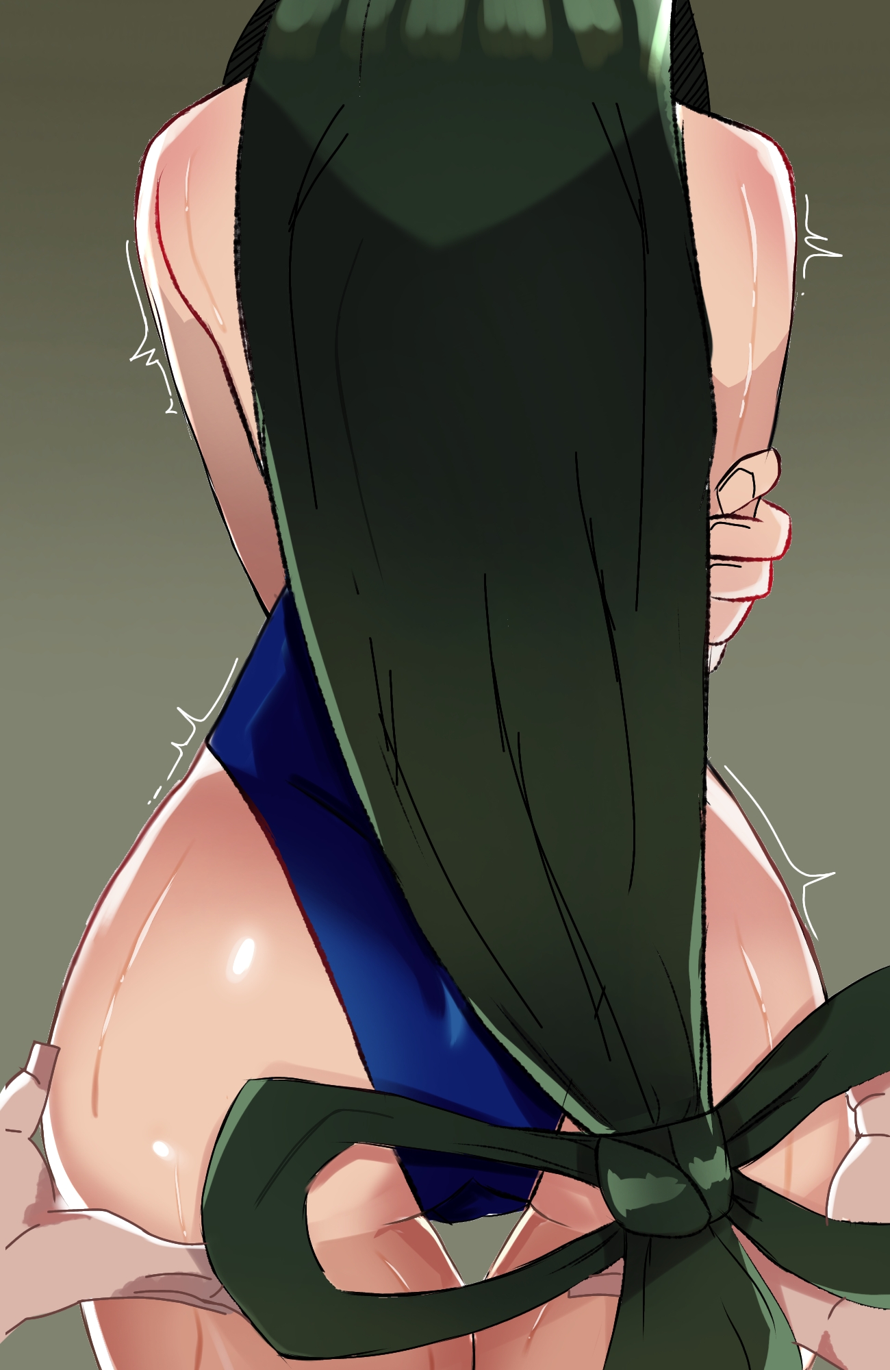 1boy, 1girls, ass, ass grab, bare shoulders, big ass, curvy, curvy figure, faceless male, female, female focus, from behind, green hair, huge ass, long hair, male, male pov, my hero academia, neptureshow, one-piece swimsuit, pov, simple background, sweat, swimsuit, thigh gap, tied hair, trembling, tsuyu asui, wide hips