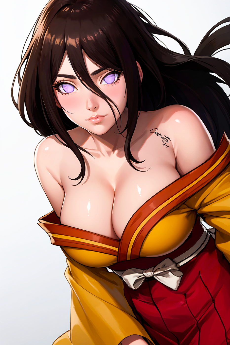 1girls ai_generated arms_at_sides artist_name bare_chest bare_legs bare_shoulders bare_thighs belt big_breasts blush boruto:_naruto_next_generations breasts brown_hair busty clothed_female clothing coomette curvaceous female female_only front_view huge_breasts hyuuga_hanabi kimono legs_together long_hair looking_at_viewer low-tied_long_hair low_ponytail miniskirt nai_diffusion naruto naruto_(series) no_bra no_bra_under_clothes nose_blush obi open_clothes open_kimono oppai pink_lips pinup plain_background pupilless_eyes revealing_clothes ribbon sash simple_background skimpy skimpy_clothes skindentation skirt smooth_skin solo solo_focus stable_diffusion standing text thick_thighs thighs upper_body very_long_hair violet_eyes voluptuous watermark white_background wide_hips wide_sleeves yukata