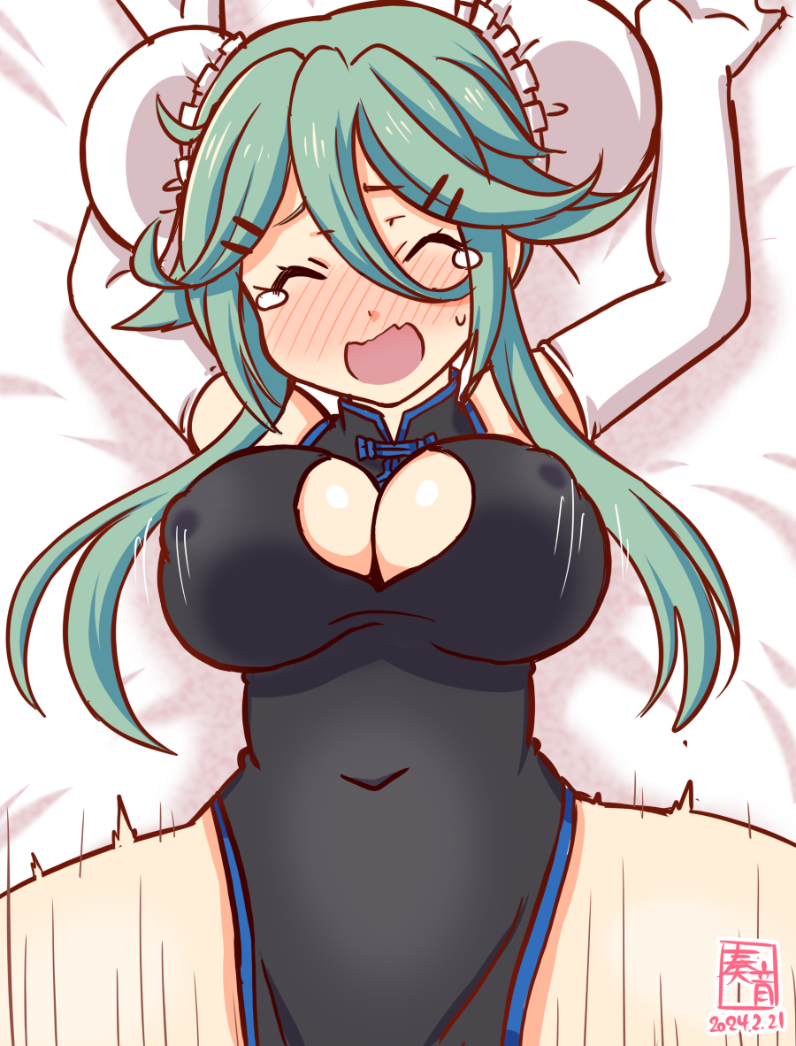 alternate_breast_size alternate_costume artist_logo black_dress blanket blush bouncing_breasts breasts bun_cover china_dress chinese_clothes cleavage_cutout clothing_cutout dated double_bun dress elbow_gloves female female_focus gloves green_hair hair_between_eyes hair_bun hair_ornament hairclip kanon_(kurogane_knights) kantai_collection large_breasts long_hair lying on_back one-hour_drawing_challenge open_mouth sex solo_focus spread_legs tears yamakaze_(kantai_collection)