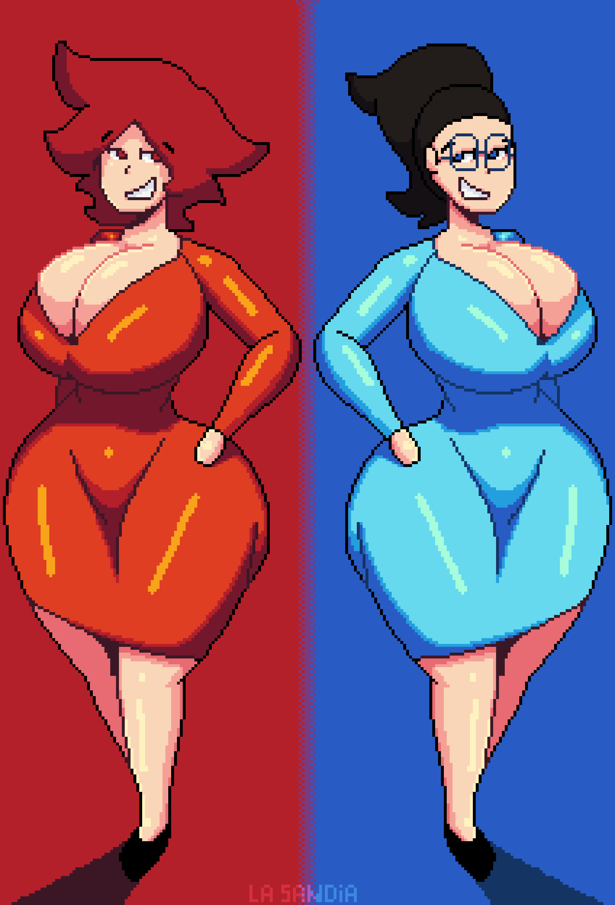 2girls a_girl_from_my_school_(character) big_ass big_breasts big_butt blue_clothing blue_eyes casual casual_nudity clothed clothing dress dressed female female_only glasses huge_breasts inviting inviting_to_sex la_sandia multiple_girls no_bra no_sex pixel_(artwork) pixel_art pixelated ponytail posing posing_for_the_viewer red_eyes red_hair rocio_(la_sandia) schoolgirl solo solo_female teasing tight_clothes tight_clothing tight_fit wide_hips