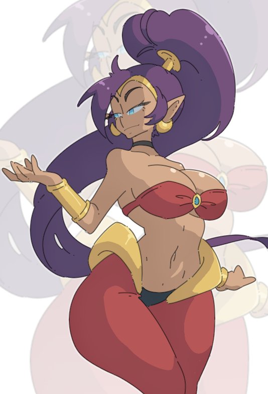 blue_eyes breasts cleavage clothed dark-skinned_female female female_only half-closed_eyes leedraw11 pointy_ears ponytail purple_hair shantae shantae_(character) solo tagme