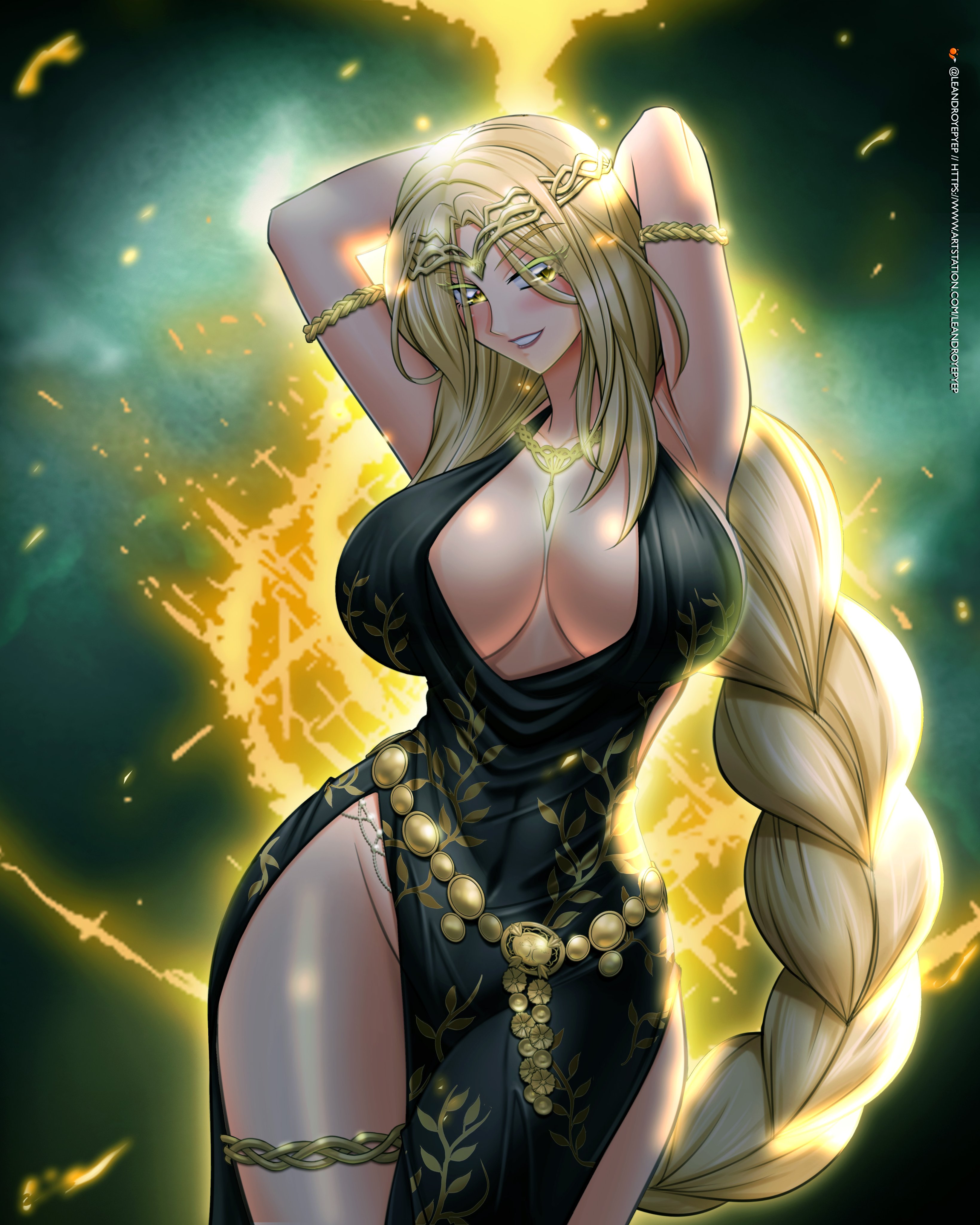 1girls, armpits, arms up, big breasts, blonde hair, breasts, cleavage, dress, elden ring, female, female only, fromsoftware, large breasts, leandroyepyep, milf, no bra, no bra under clothes, no panties, no panties under dress, no underwear, queen marika the eternal, revealing dress, tagme, thick thighs