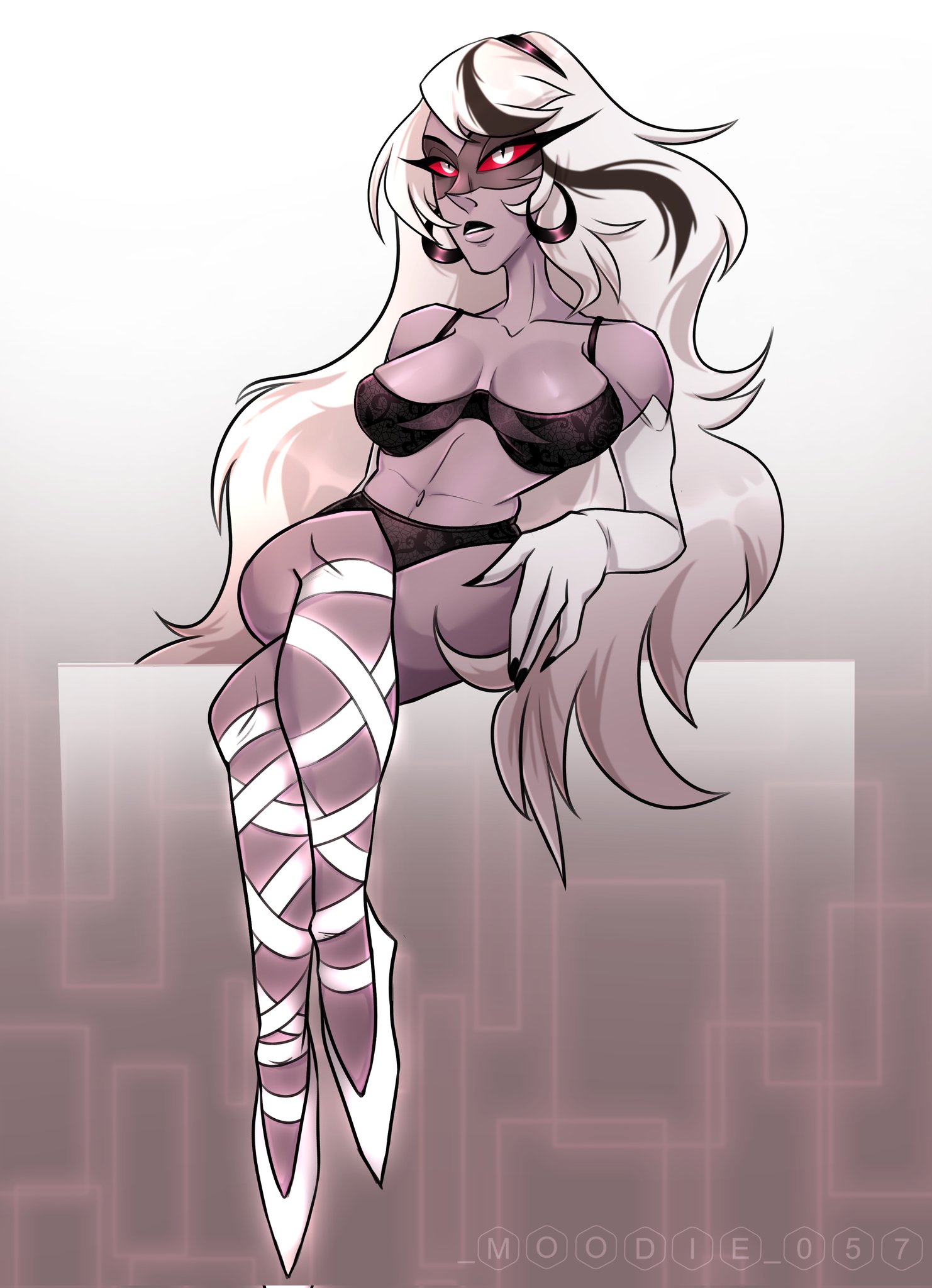 carmilla carmine, grey skin, hazbin hotel, high heels, red eyes, white hair