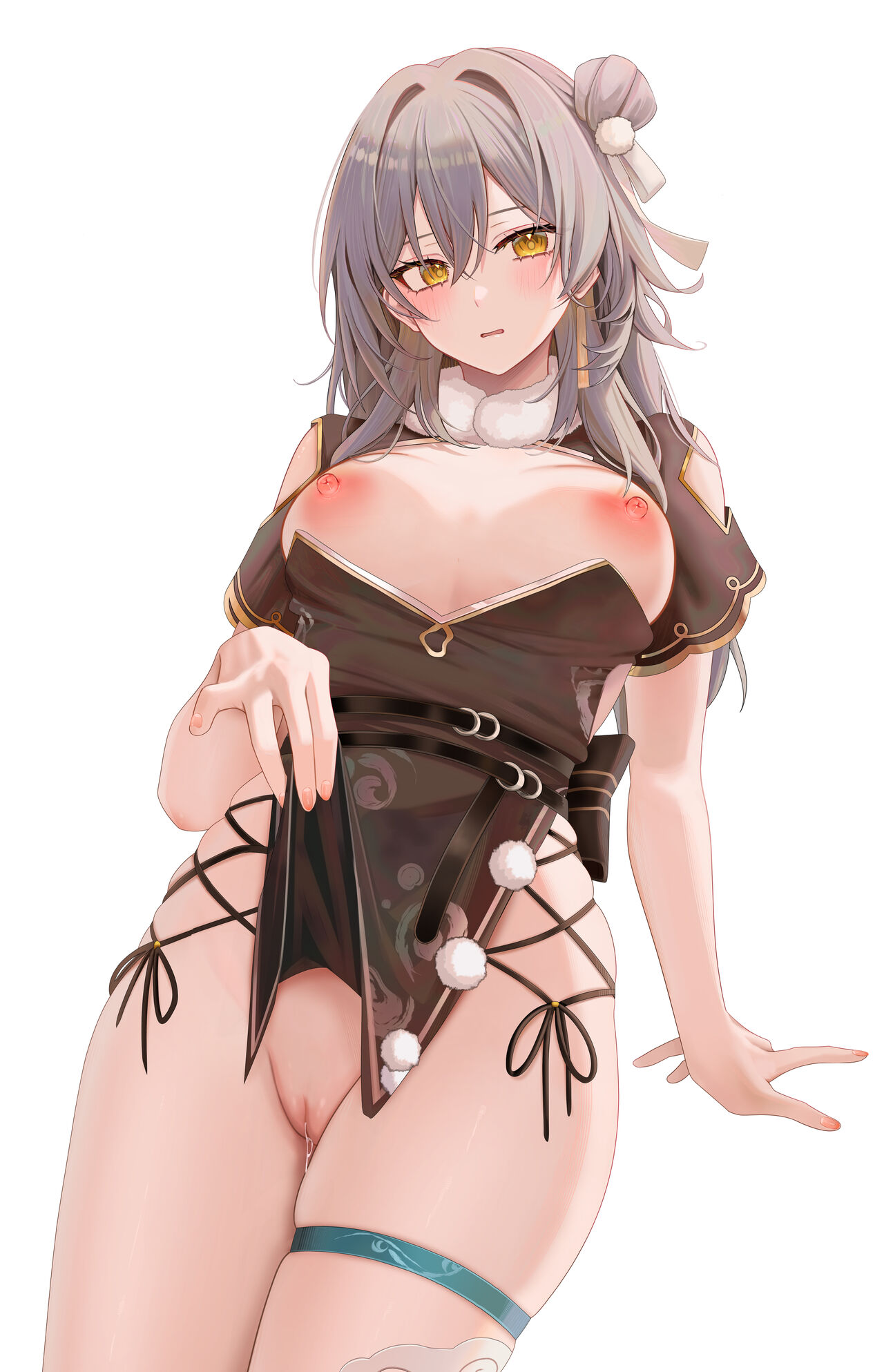 1girls, 2024, bare breasts, big breasts, breasts, female, grey hair, hi res, honkai (series), honkai: star rail, light skin, light-skinned female, long hair, looking at viewer, mihoyo, no bra, no panties, nude, nude female, pussy, pussy juice, ru zhai, showing off, simple background, solo, standing, stelle (honkai: star rail), thighs, white hair