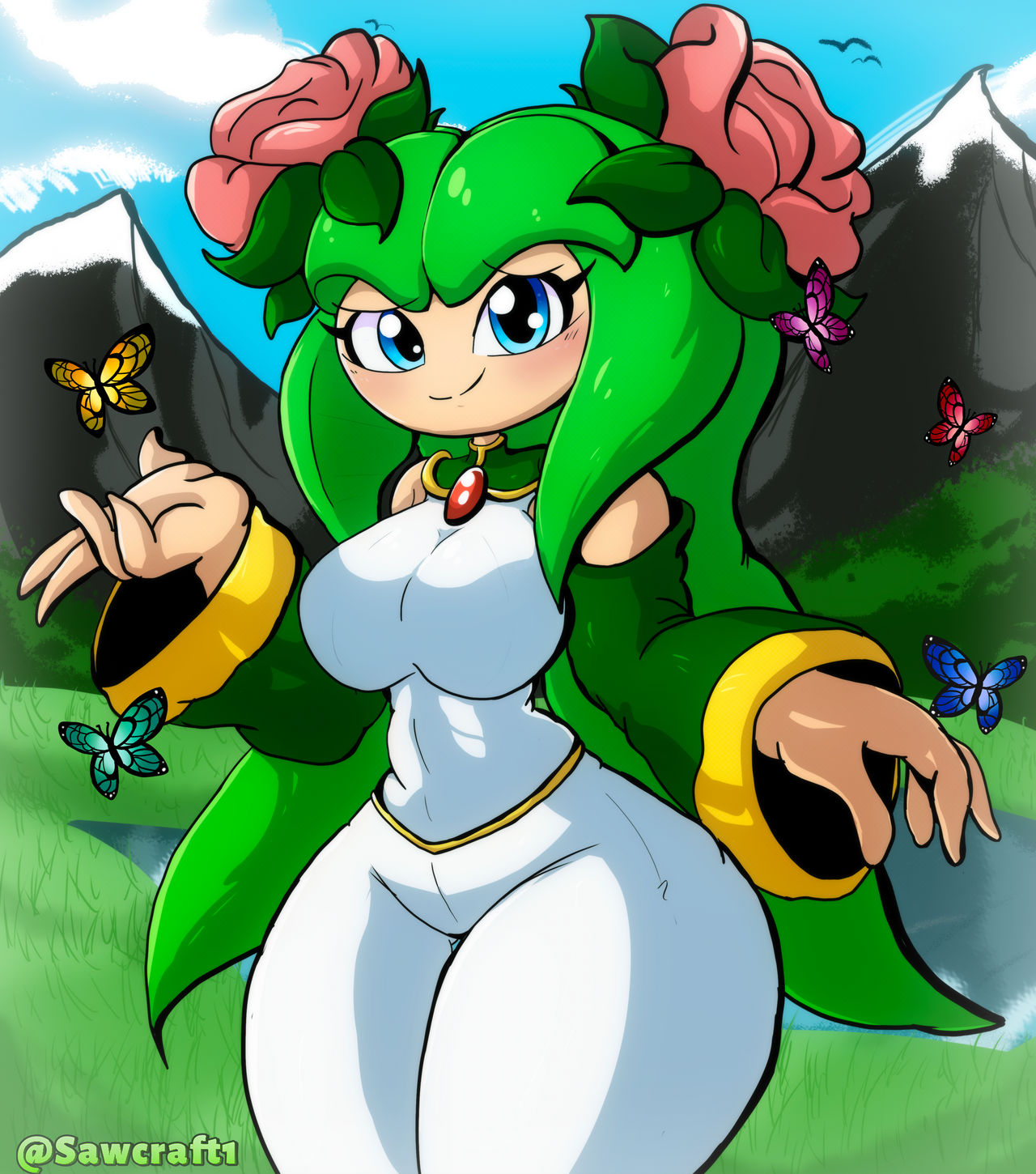 2023 alien alien_girl alien_humanoid ambient_birds big_breasts blue_eyes breasts butterfly clothes clothing cosmo_the_seedrian female flora_fauna grass green_clothes green_clothing green_hair green_sleeves huge_breasts humanoid lake mountains plant plant_girl pseudo_hair sawcraft1 seedrian sega solo_female sonic_(series) sonic_the_hedgehog_(series) sonic_x thick_thighs tms_entertainment water white_clothes white_clothing