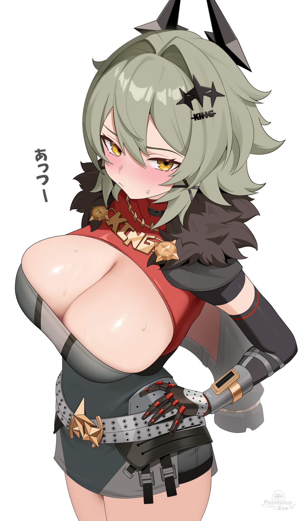 :/ belt black_horns black_shirt blush breasts caesar_king_(zenless_zone_zero) cleavage cowboy_shot elbow_gloves female from_above fur-trimmed_jacket fur_trim gloves green_hair grey_belt hair_intakes hand_on_own_hip highres horns jacket large_breasts looking_at_viewer pantheon_eve shirt short_hair simple_background solo sweat sweatdrop white_background yellow_eyes zenless_zone_zero