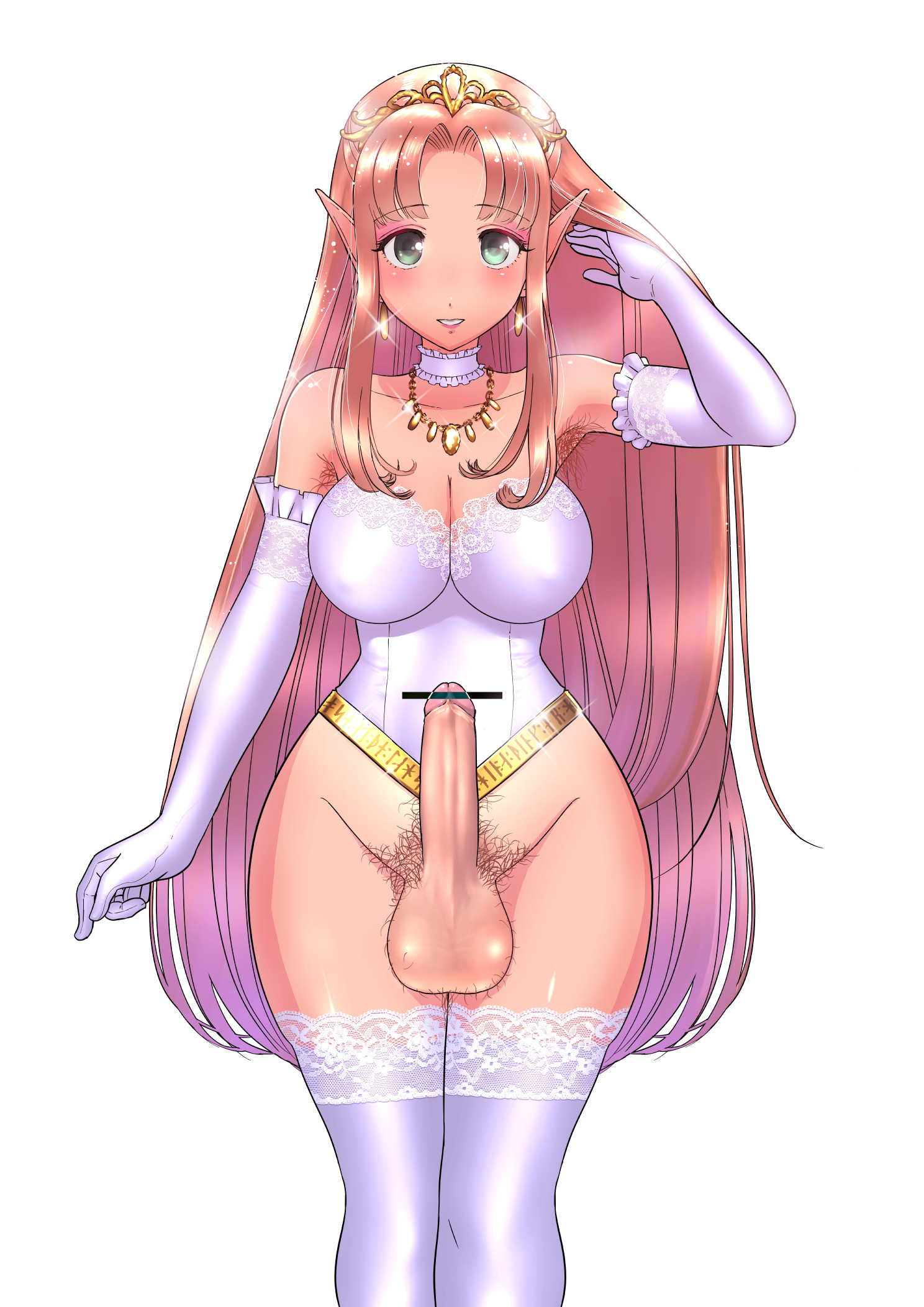 1futa, balls, big balls, big breasts, bottomless, breasts, brown hair, censored, dickgirl, elbow gloves, elf, erection, foreskin, futa only, futanari, gloves, hairy balls, intersex, lingerie, liza (artist), long hair, looking at viewer, penis, pubic hair, purple hair, solo, source request, standing, tan, thighhighs, two-tone hair, uncircumcised, uncut, white background