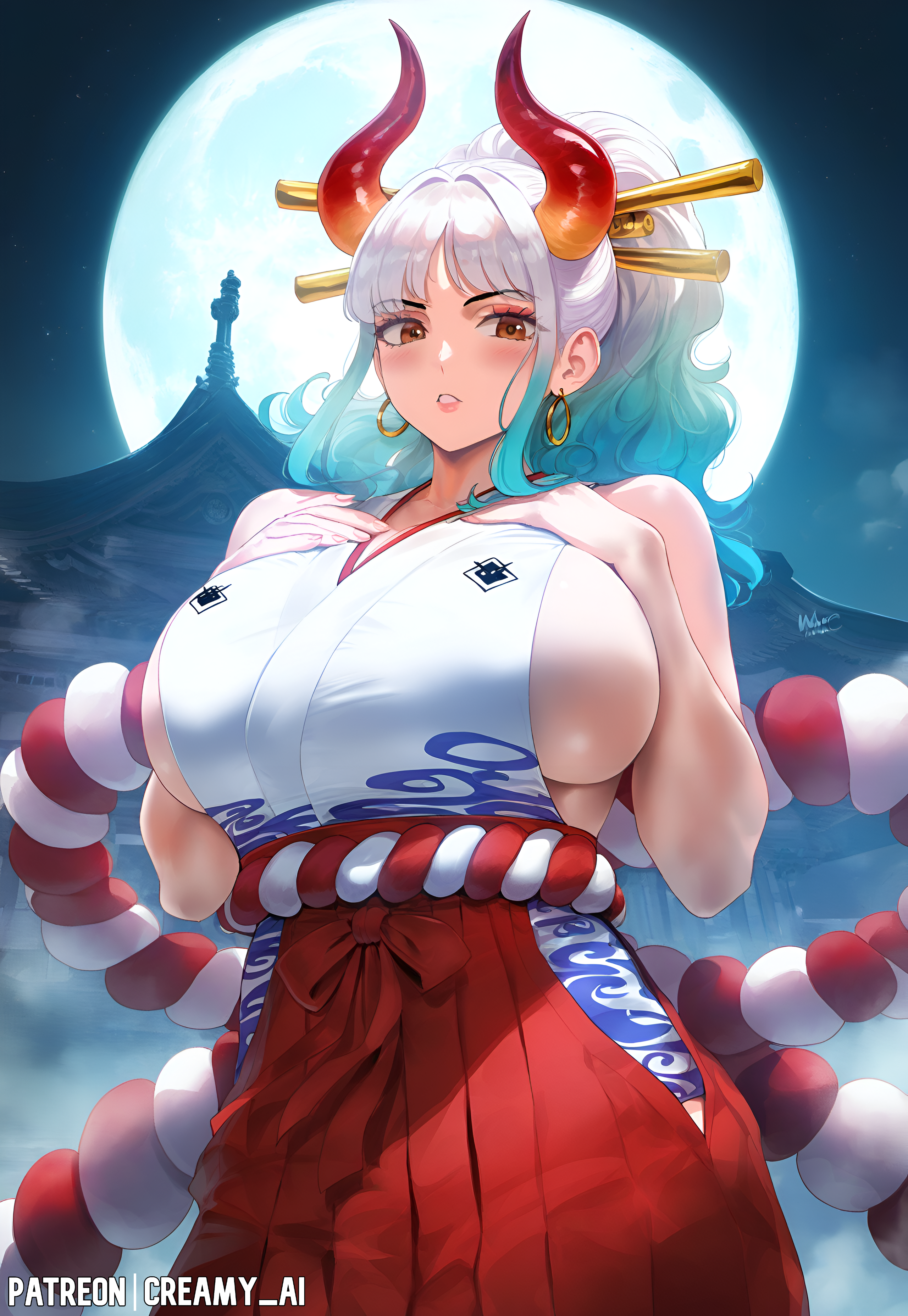 1girls, ai generated, bare arms, bare shoulders, blush, breasts, brown eyes, cleavage, creamy ai, earrings, east asian architecture, female, female only, floating hair, gradient hair, hair ornament, hair stick, hakama, hands on breasts, hands on own chest, hi res, hoop earrings, horns, huge breasts, japanese clothes, kimono, long hair, moon, multicolored hair, multicolored horn, night sky, one piece, outdoors, parted lips, patreon username, red hakama, red horns, rope, shimenawa, sideboob, sidelocks, sleeveless, stable diffusion, standing, tight clothing, white hair, yamato (one piece), yellow horns