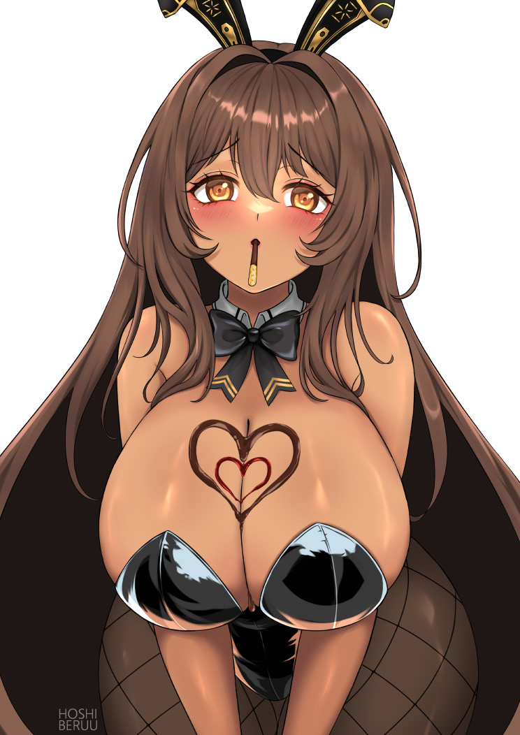 1girls blush brown_hair bunnysuit cleavage dark-skinned_female dark_skin female fishnets fully_clothed goddess_of_victory:_nikke large_breasts leotard long_hair noir_(nikke) orange_eyes pantyhose valentine's_day white_background