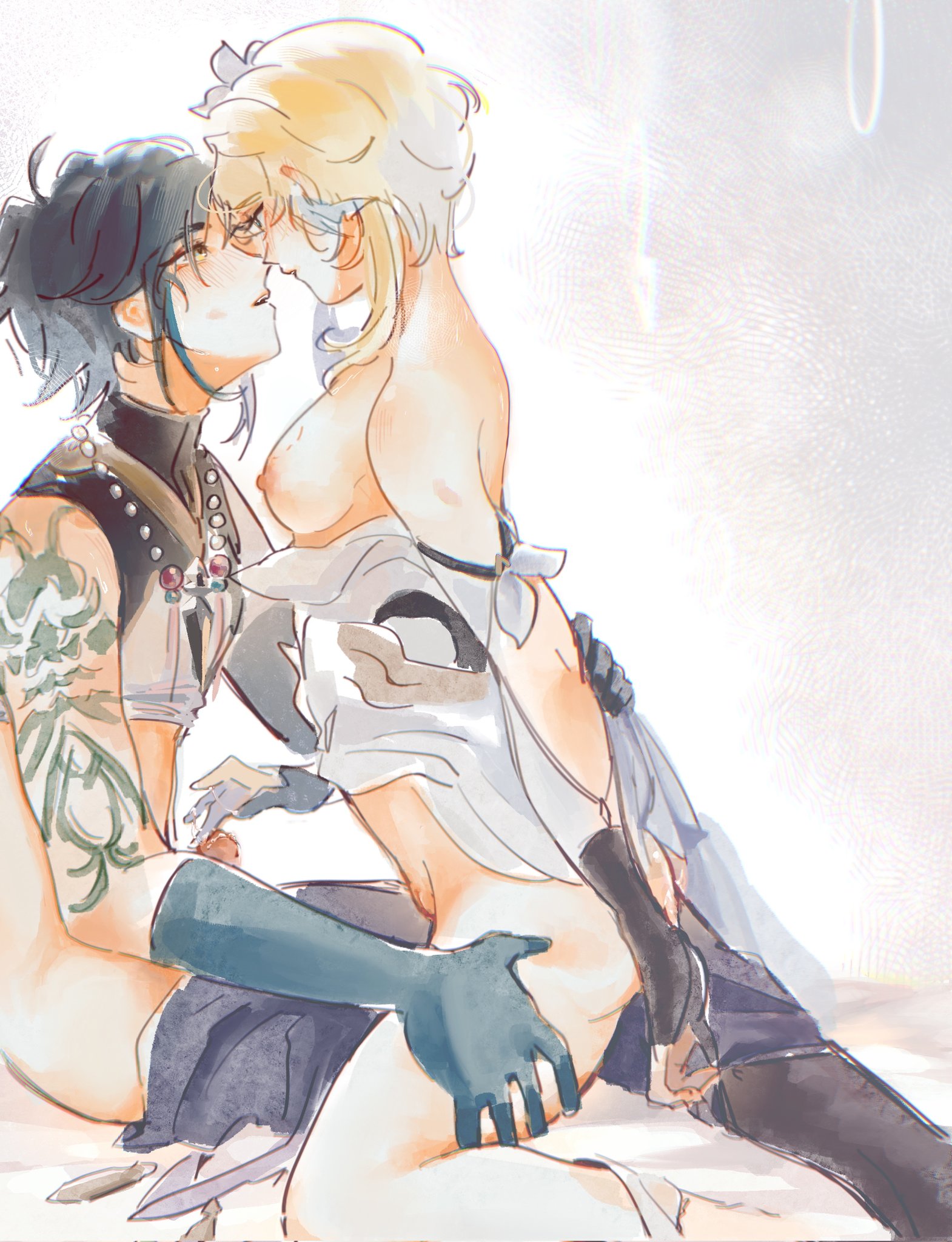 artist request, blonde hair, breasts, female, genshin impact, lumine (genshin impact), male, penis, straight, tagme, thighs grab, xiao (genshin impact)