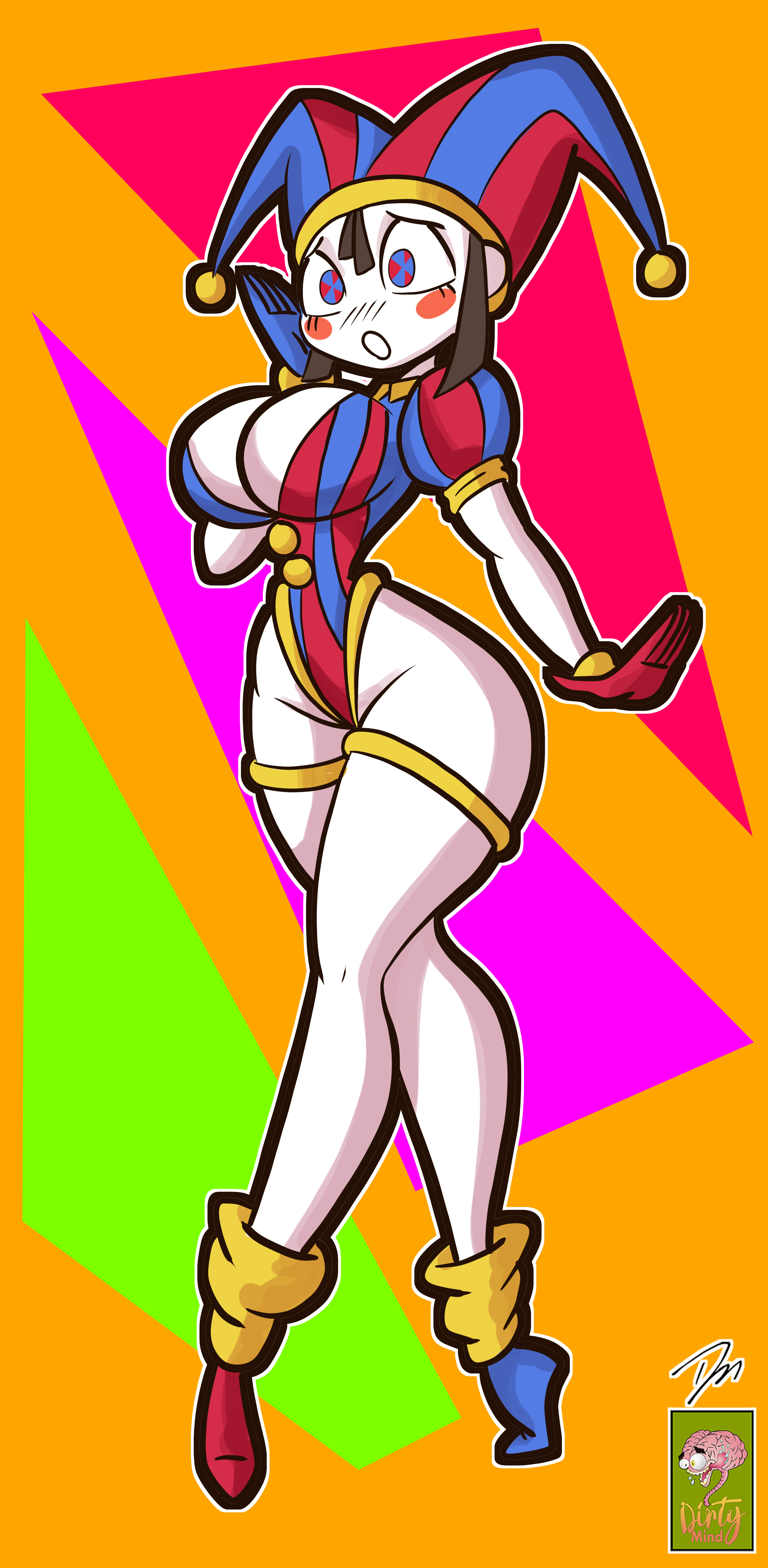 2023, bare thighs, big breasts, breasts, cleavage, dirtymind, female, glitch productions, jester hat, pomni (the amazing digital circus), solo, tagme, the amazing digital circus, thick thighs