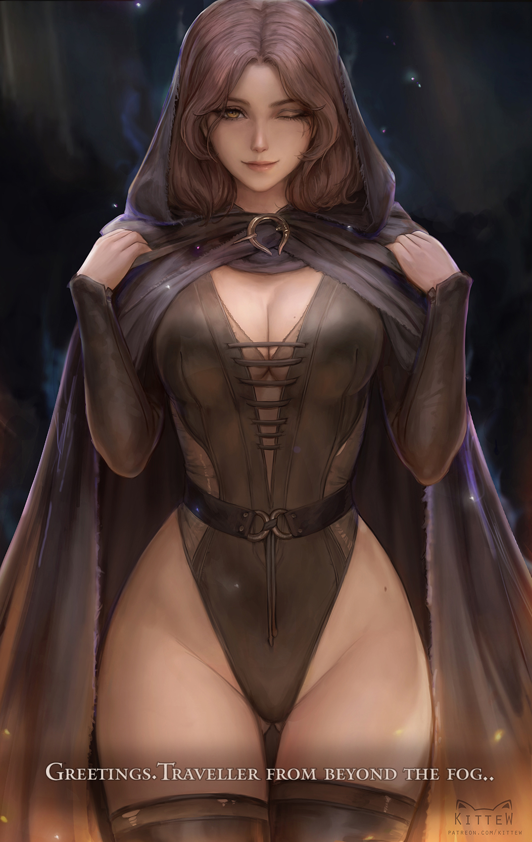 1girls, brown hair, elden ring, female, female only, fromsoftware, highleg, kittew, looking at viewer, melina (elden ring), one eye closed, robe, scar, solo, thighhighs