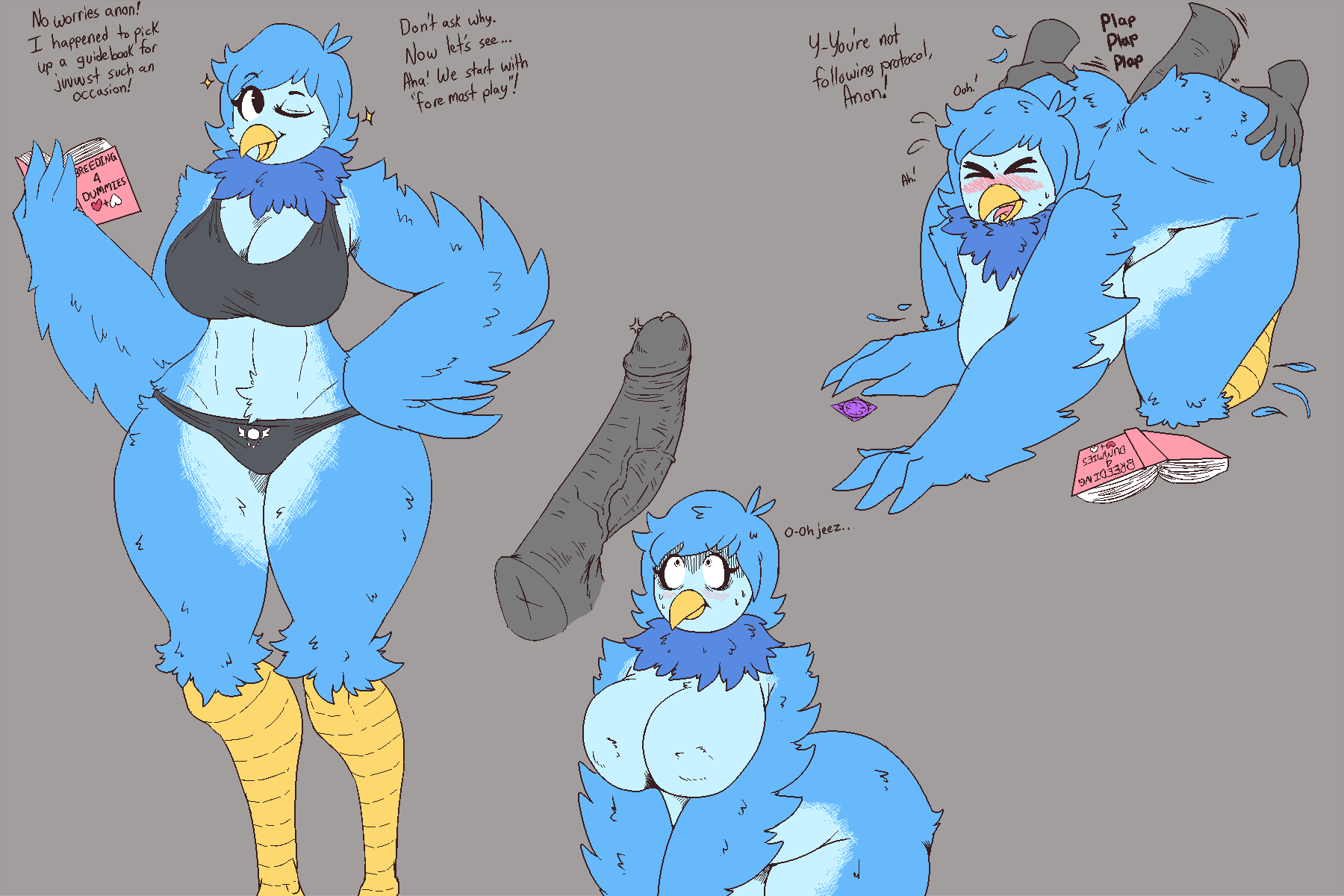 anon anthro ass avian beak big_breasts big_butt big_penis bird blue_body blue_feathers blush breasts clothing dialogue duo feathers female genitals hi_res huge_breasts huge_butt huge_cock human human_on_anthro interspecies male male/female mammal martlet_(undertale_yellow) nude penetration penis sex signirsol thick_thighs undertale_(series) undertale_yellow underwear wide_hips