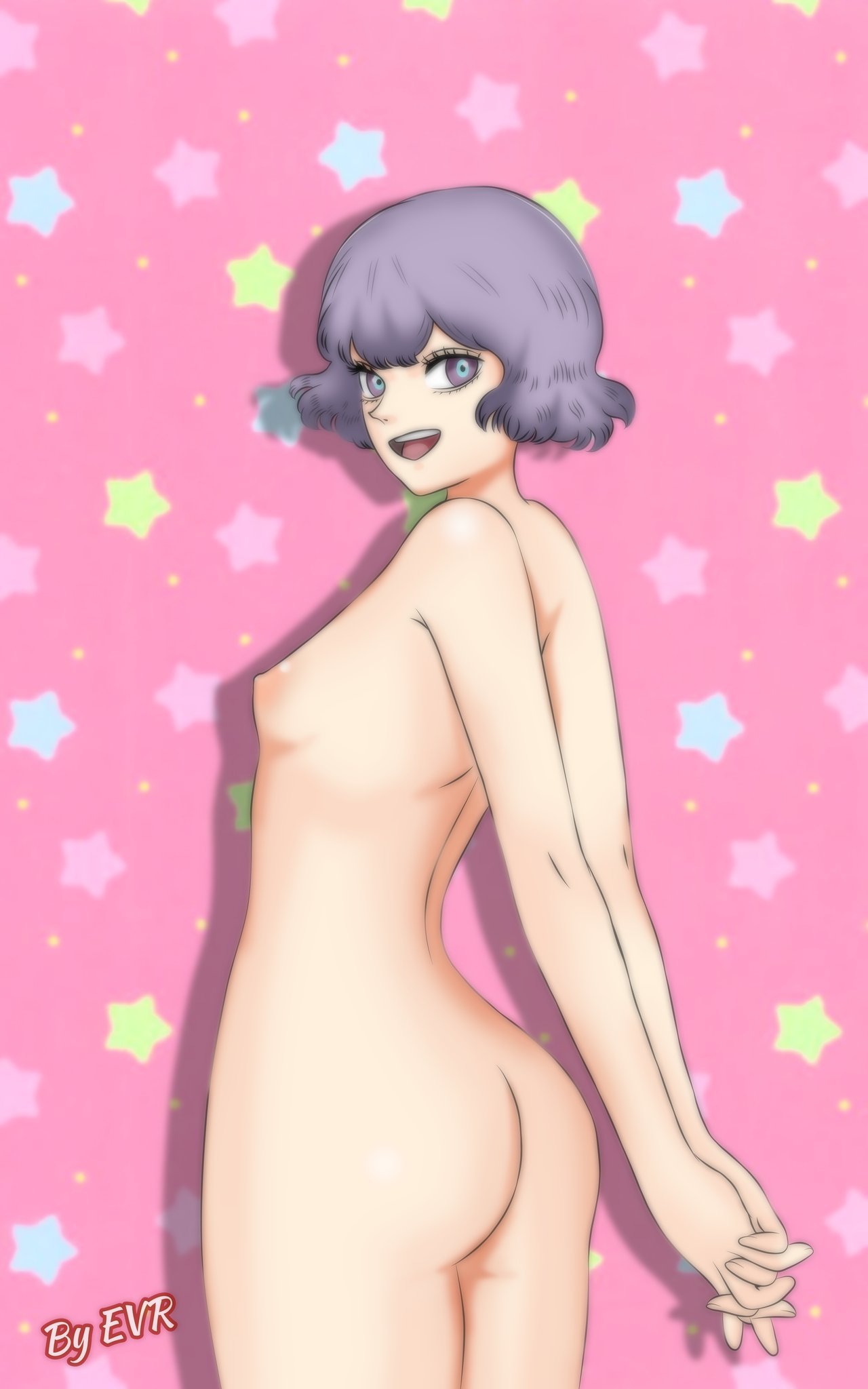 1girls adult areola ass big_ass black_clover breasts dorothy_unsworth excalibur_overdrive female female_only hands_behind_back looking_at_viewer looking_back looking_back_at_viewer naked nipple nude nude_female open_mouth pink_background pose purple_hair short_hair sideboob small_breasts solo solo_female stars unusual_pupils watermark