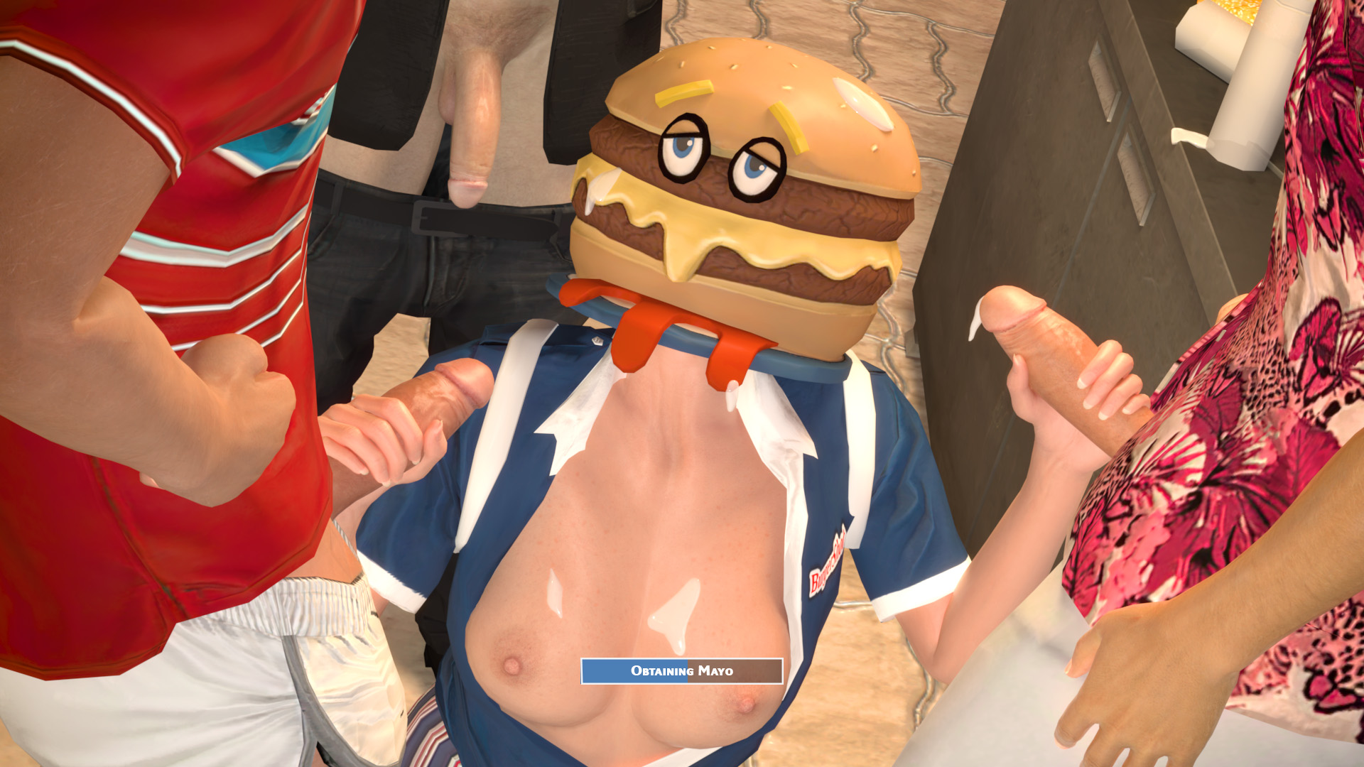 1girls, 3boys, 3d, arcadnsfw, breasts, breasts out, bukkake, burger, cum, double handjob, female, gangbang, grand theft auto, grand theft auto online, grand theft auto v, handjob, hawaiian shirt, male, mask, masked female, nipples, nopixel, original characters, shelly smith, tagme