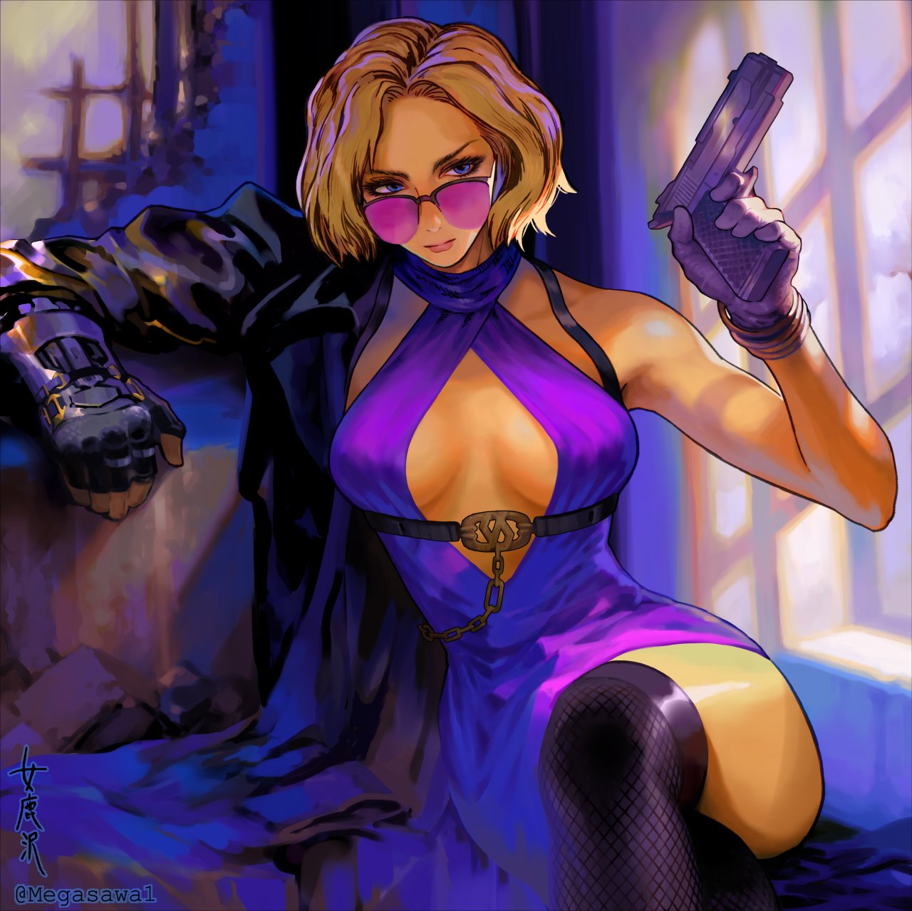 big_breasts blonde_hair boob_window cleavage crossed_legs female female_only fishnets gun looking_over_eyewear looking_over_sunglasses megasawa nina_williams stockings sunglasses tekken tekken_8 thick_thighs tinted_eyewear