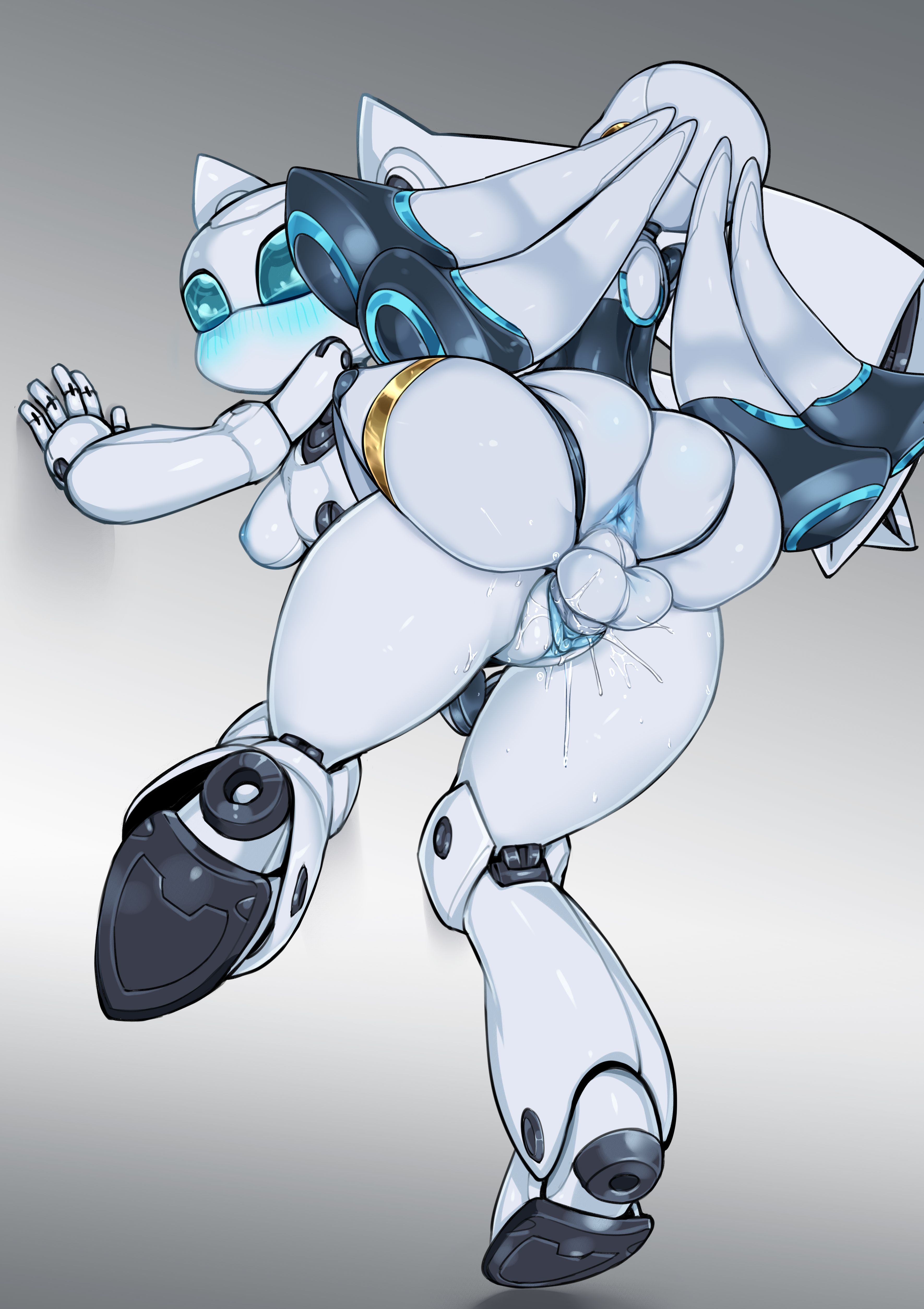 1futa, 1girls, absurdres, android, anus, ass, balls, blue eyes, blue nipples, blue pussy, blue sclera, blush, breasts, clitoris, disney, drossel von flugel, erect clitoris, female, fireball (series), full body, futa on female, futa sans pussy, futanari, gradient, gradient background, grey background, high resolution, highres, hybrid, intersex, light skin, light-skinned female, looking away, looking back, nipples, no mouth, no nose, pale skin, pale-skinned female, penis, pochincoff, pussy, pussy juice, robot, robot futa, robot girl, rolling eyes, selfcest, sideboob, testicles, uncensored, vaginal penetration, white breasts, white penis