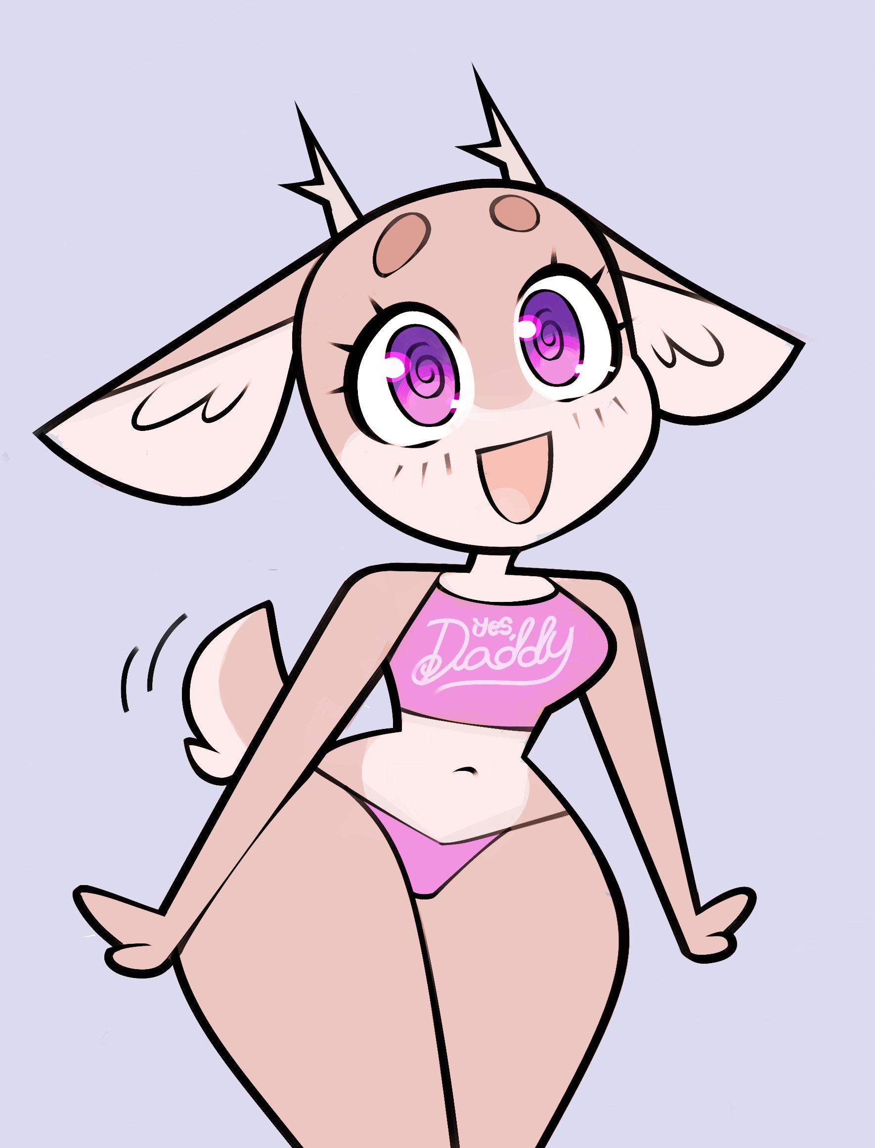 1girls, 2021, 2d, animal humanoid, anthro, anthrofied, bare shoulders, beige fur, beige skin, belly, belly button, big ears, bimbo deer, bra, breasts, cervid, clothed, clothing, cute, daddy, daddy kink, deer, deer ears, dizzy eyes, ears, english text, eyebrows, eyelashes, fangdangler, female, female only, flushed, hips, horn, horns, humanoid, inner ear fluff, legs, looking at viewer, looking to the side, mammal, mammal humanoid, multicolored eyes, navel, open mouth, panties, pink bra, pink clothes, pink clothing, pink eyes, purple background, purple eyes, shiny, simple background, small breasts, smile, smiling, smiling at viewer, solo, solo female, standing, tail, text, thick, thick thighs, thighhighs, thighs, tongue, topwear, underwear, wide hips