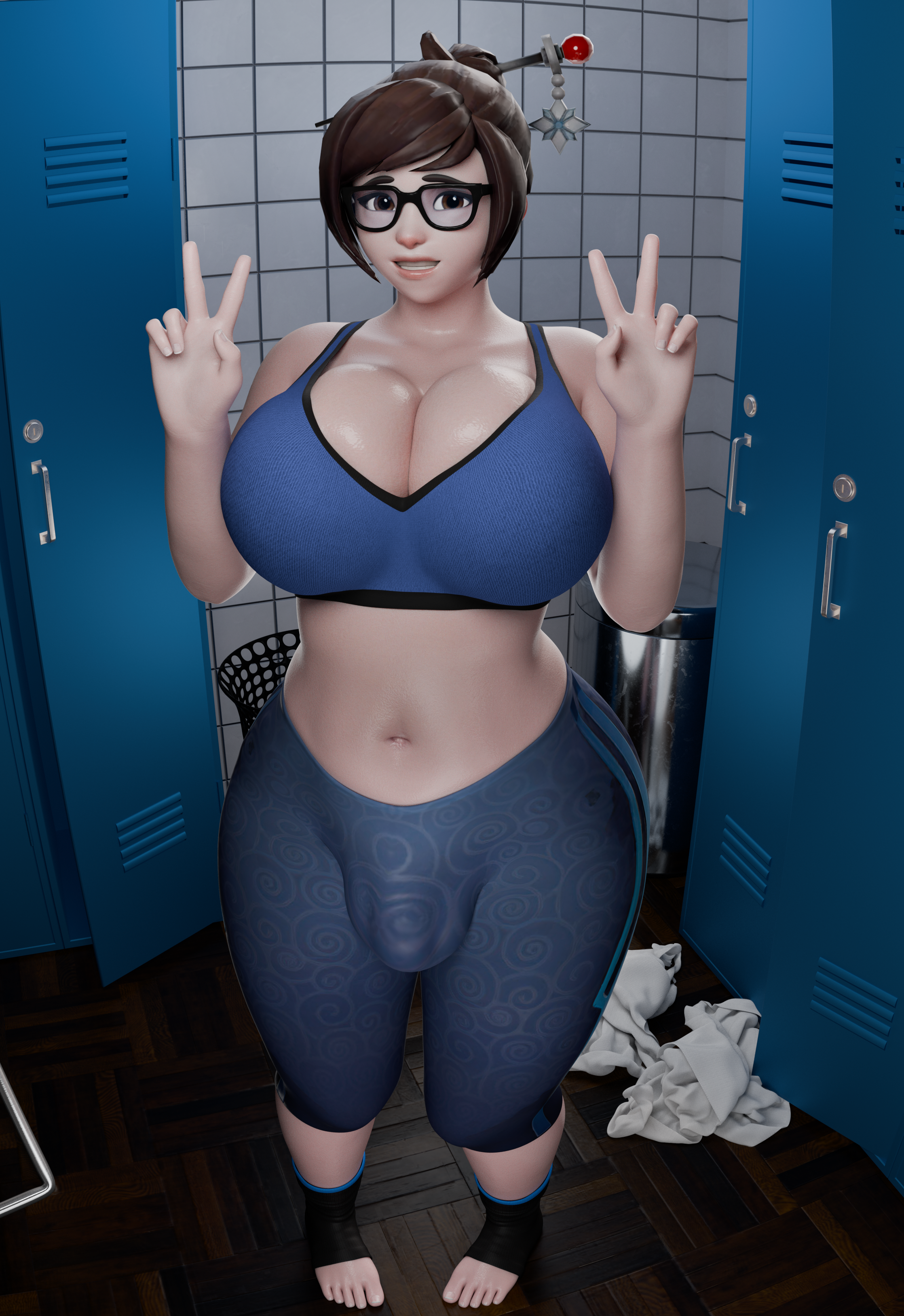 1futa, 3d, ass, belly, belly button, big breasts, big penis, blizzard entertainment, breasts, brown hair, brunette hair, busty, cameltail, chubby, curves, curvy, detailed bulge, erect penis, erection, erection under clothes, futa only, futanari, glasses, gym clothes, hair ornament, hard on, huge ass, huge cock, hung, hung futa, intersex, large breasts, large penis, leggings, light skin, light-skinned futa, locker room, massive breasts, mei (overwatch), overwatch, overwatch 2, peace sign, penis, penis peek, slightly chubby, toes, tummy, veiny penis, workout clothes, yoga pants, zzzxxxccc