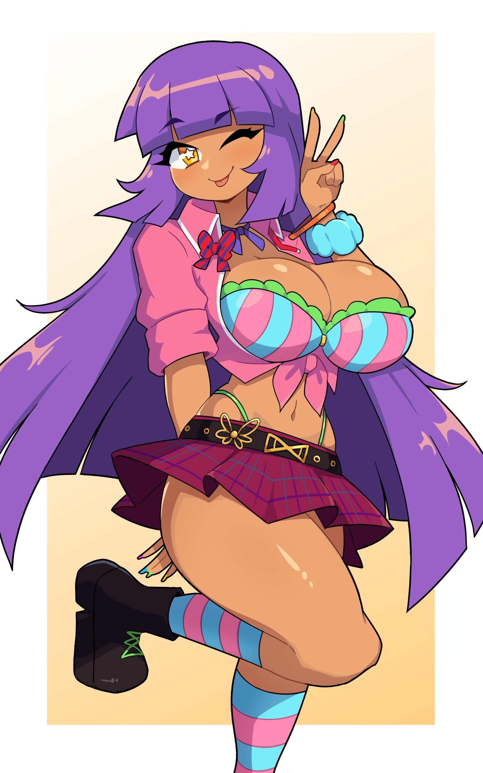:p, 1girls, bangs, bent leg, big breasts, bra, breasts, cleavage, commission, female, female only, gyaru, hi res, j5daigada, long hair, looking at viewer, miniskirt, purple hair, sleeves rolled up, smiling, smiling at viewer, solo, standing on one leg, star-shaped pupils, tan skin, thick thighs, thong straps, v sign, wink, winking at viewer, yellow eyes