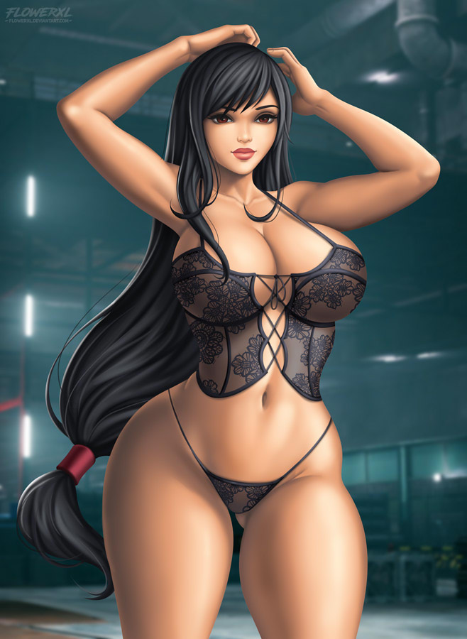 1girls, bra, breasts, cleavage, female, female only, final fantasy, final fantasy vii, flowerxl, hourglass figure, huge breasts, lingerie, narrow shoulders, panties, solo, thick thighs, tifa lockhart, wide hips