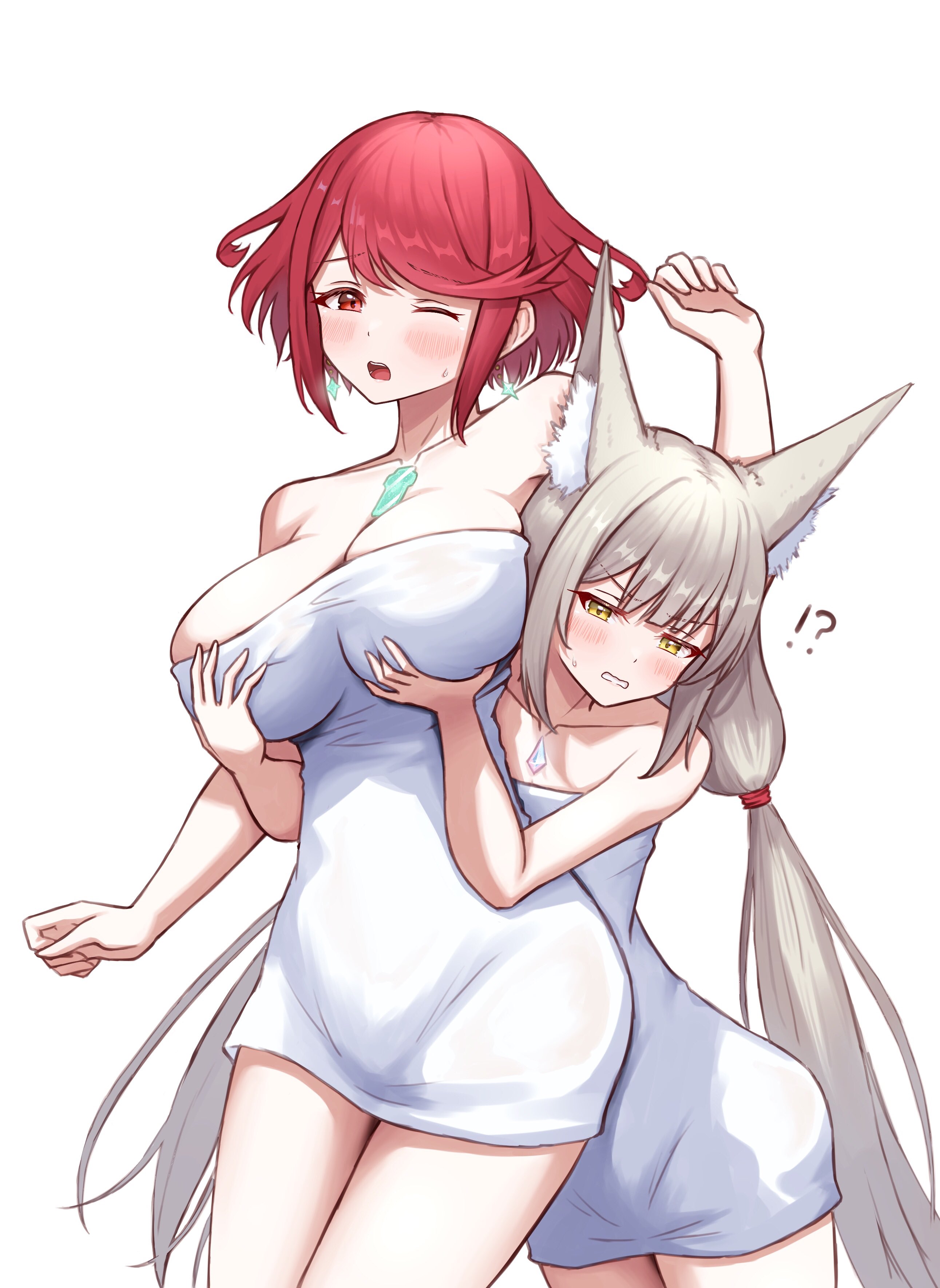 2girls, breasts, core crystal, female, female only, nia, nia (blade), nintendo, pyra, short hair, taro (peach taro51), towel, white background, xenoblade (series), xenoblade chronicles 2