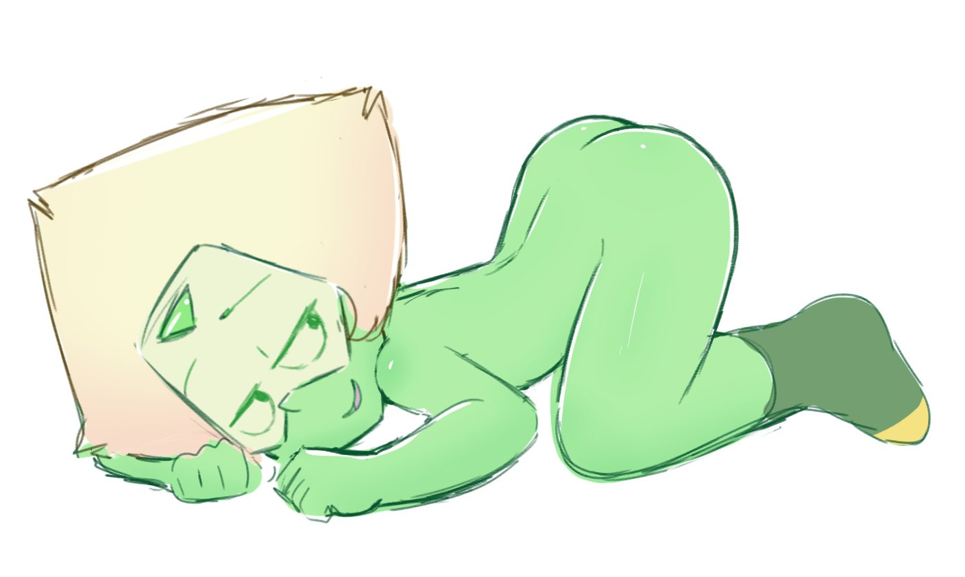 arched back, ass, ass up, blonde hair, cartoon network, cubedcoconut, female, gem, gem (species), green eyes, green skin, half-closed eyes, light hair, looking back, looking to the side, peridot (steven universe), presenting, short hair, sketch, smile, socks, steven universe, visor