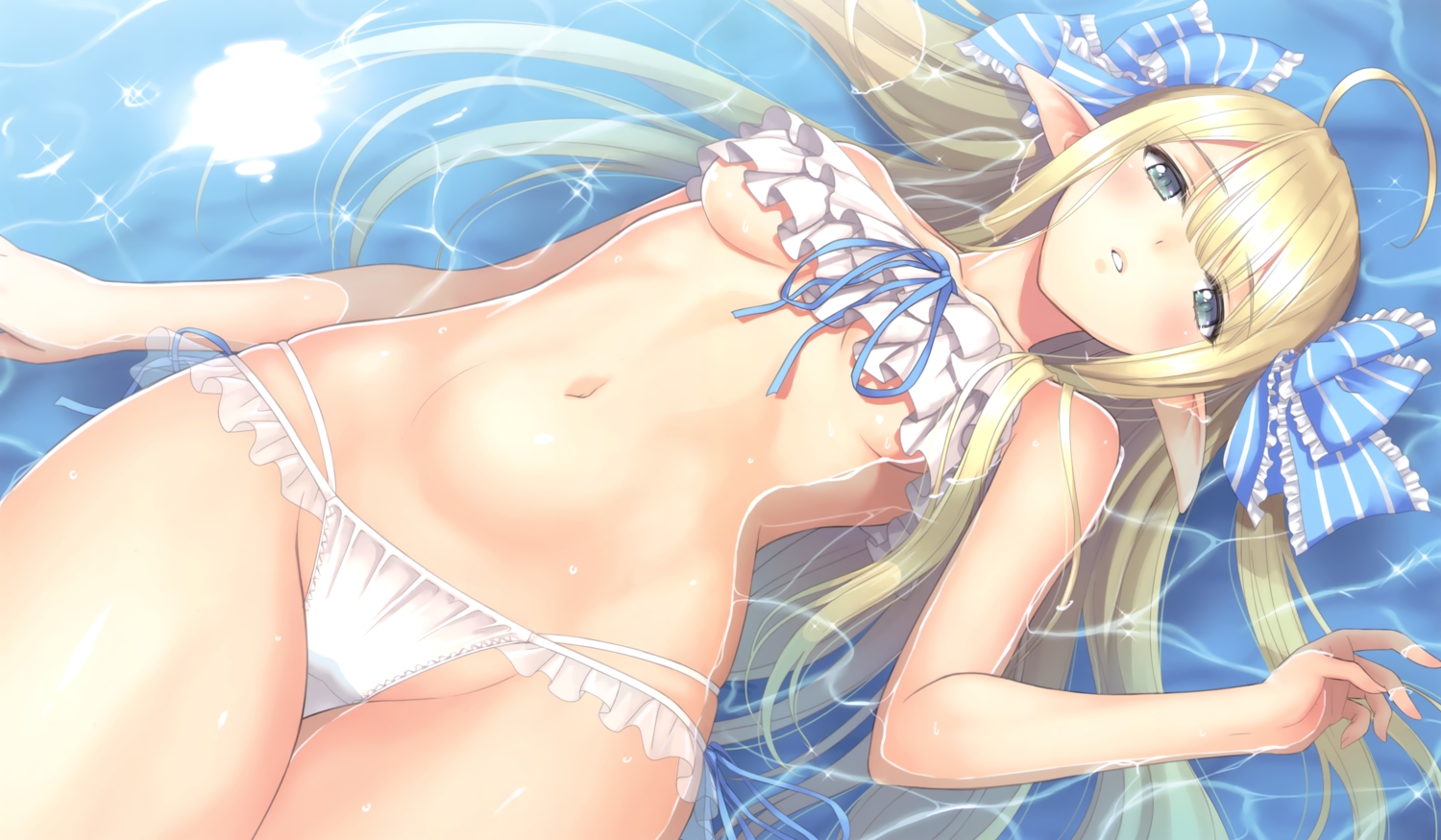 1girls, aqua eyes, azur lane, belly button, bikini, blonde hair, blush, breasts, centaur (azur lane), centaur (beachside undine) (azur lane), eyebrows visible through hair, female, female only, light skin, light-skinned female, long hair, navel, outdoors, pointed ears, royal navy (azur lane), solo, swimsuit, taka tony, underboob, water, white bikini