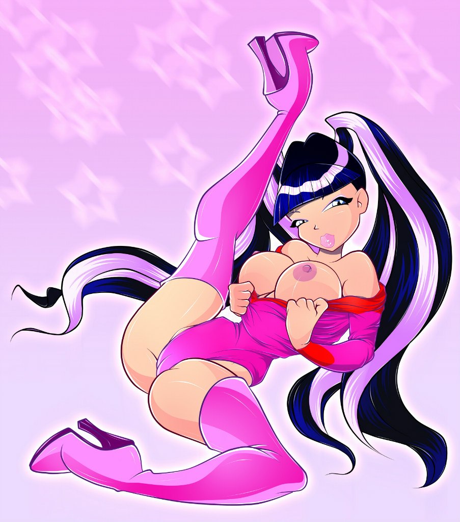 1girls, 4kids entertainment, big breasts, bimbo, blue eyes, breasts, cameltoe, exposed breasts, eyeshadow, fan character, female, high heel boots, high heels, hourglass figure, leg up, leotard, lipstick, long hair, looking at viewer, makeup, mi may anya, multicolored hair, nickelodeon, pussy, rainbow (animation studio), solo, spread legs, thick lips, thin waist, top pull, twintails, very long hair, wide hips, winx club, zfive