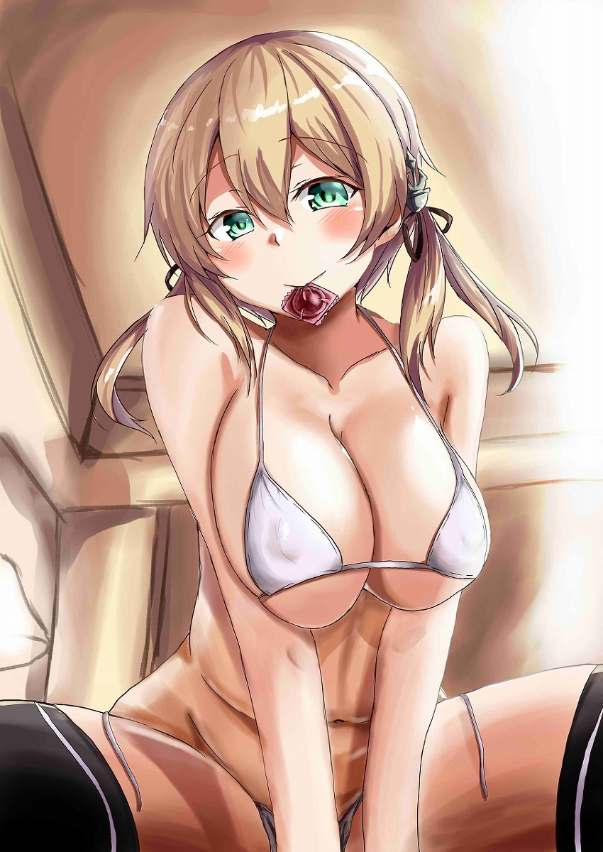 1girls bikini blonde_hair blush chan_(akuty_ikkot) cleavage condom condom_in_mouth eyebrows_visible_through_hair green_eyes hair_between_eyes kantai_collection panties prinz_eugen_(kantai_collection) source_request stockings twintails