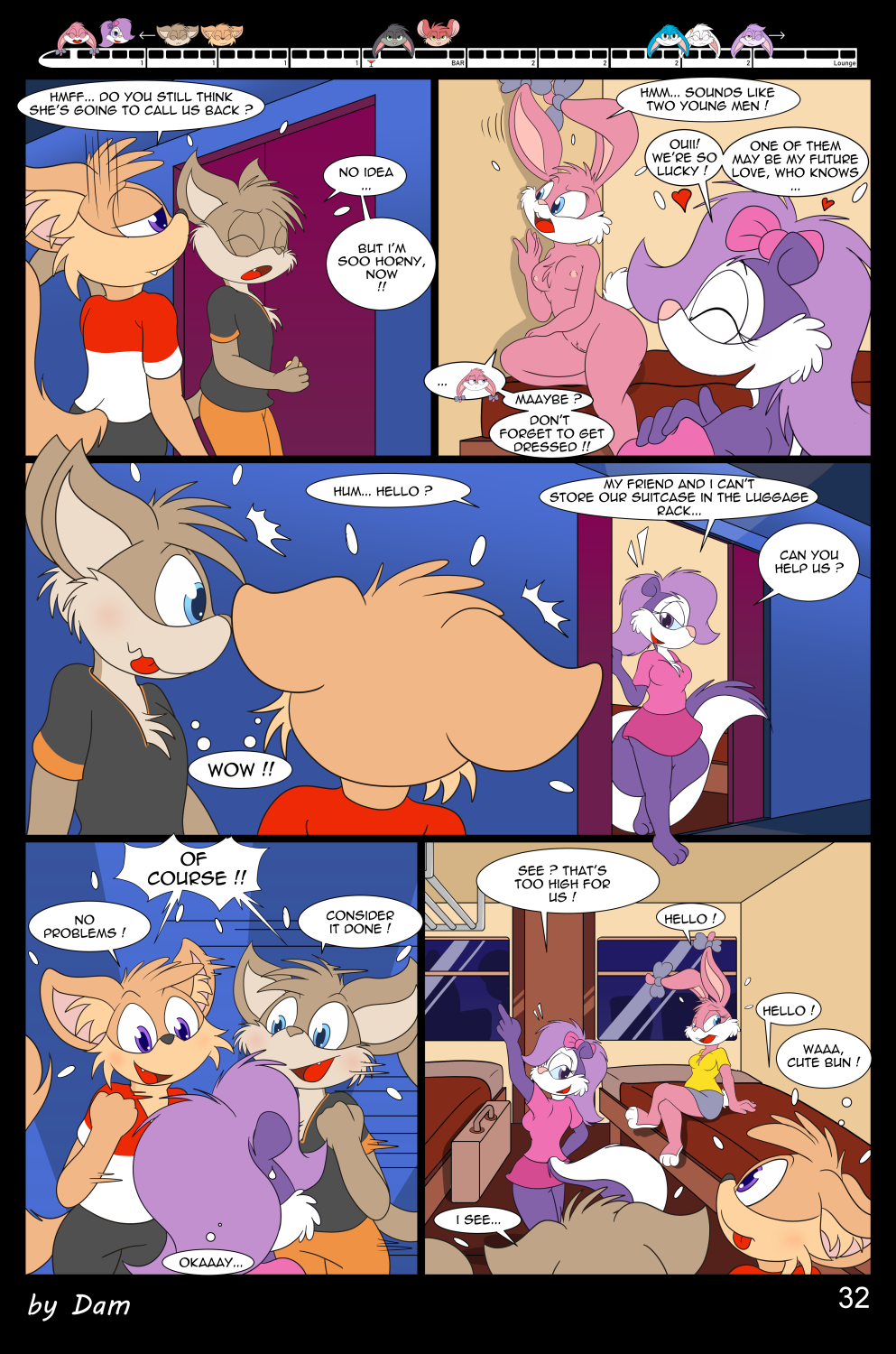 3_toes 4_fingers anthro babs_bunny breasts buster_bunny clothed clothing comic dam_(artist) dialogue english_text feet female fifi_la_fume fingers group hi_res lagomorph leporid male mammal mephitid page_32 plantigrade rabbit skunk speech_bubble straight_hair text tiny_toon_adventures toes toons toony train vehicle warner_brothers