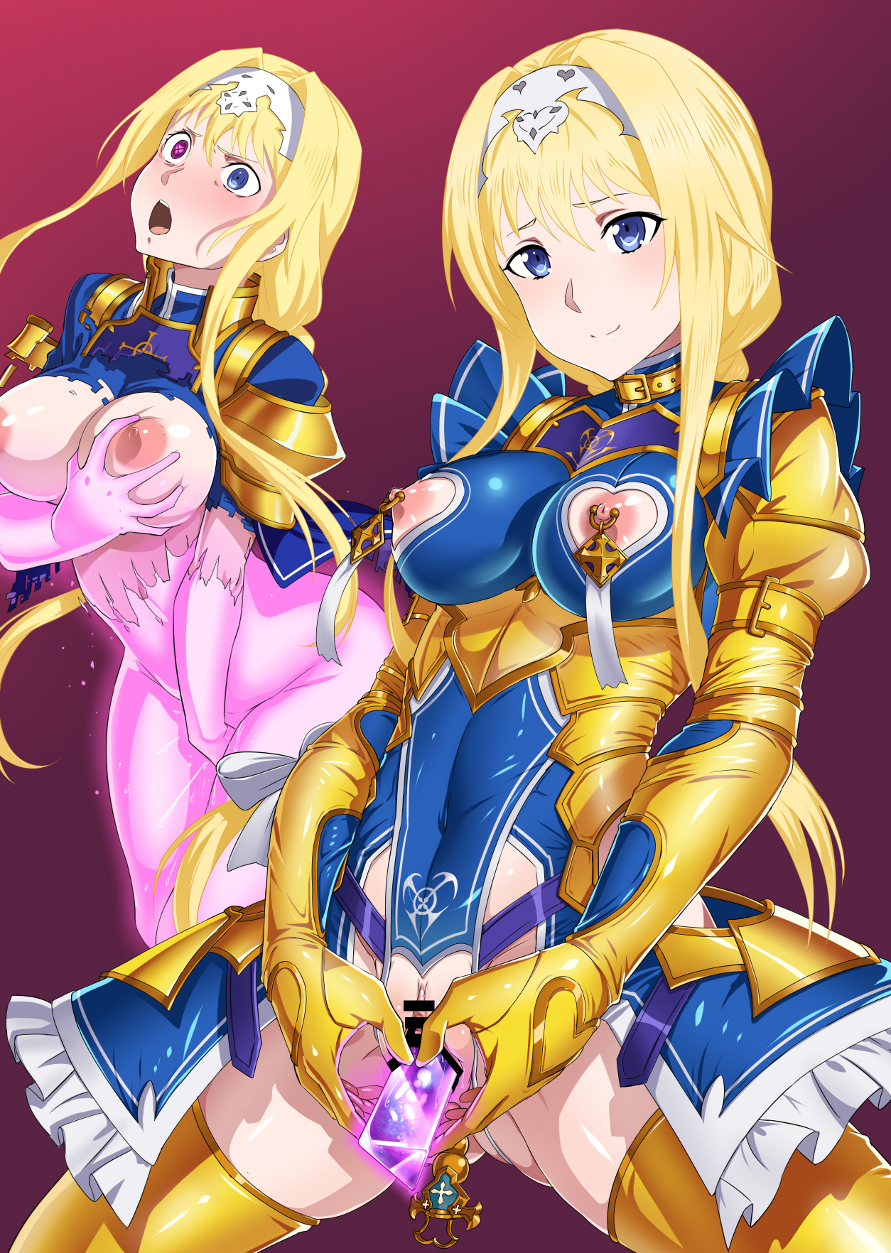 1girls, adapted costume, alice zuberg, anal beads, blonde hair, blue clothing, blue eyes, bondage, censored, corruption, female, female only, gozaru, latex, mind control, pussy, revealing clothes, solo, sword art online, sword art online: alicization, tight clothing, tongue, tongue out, vaginal penetration
