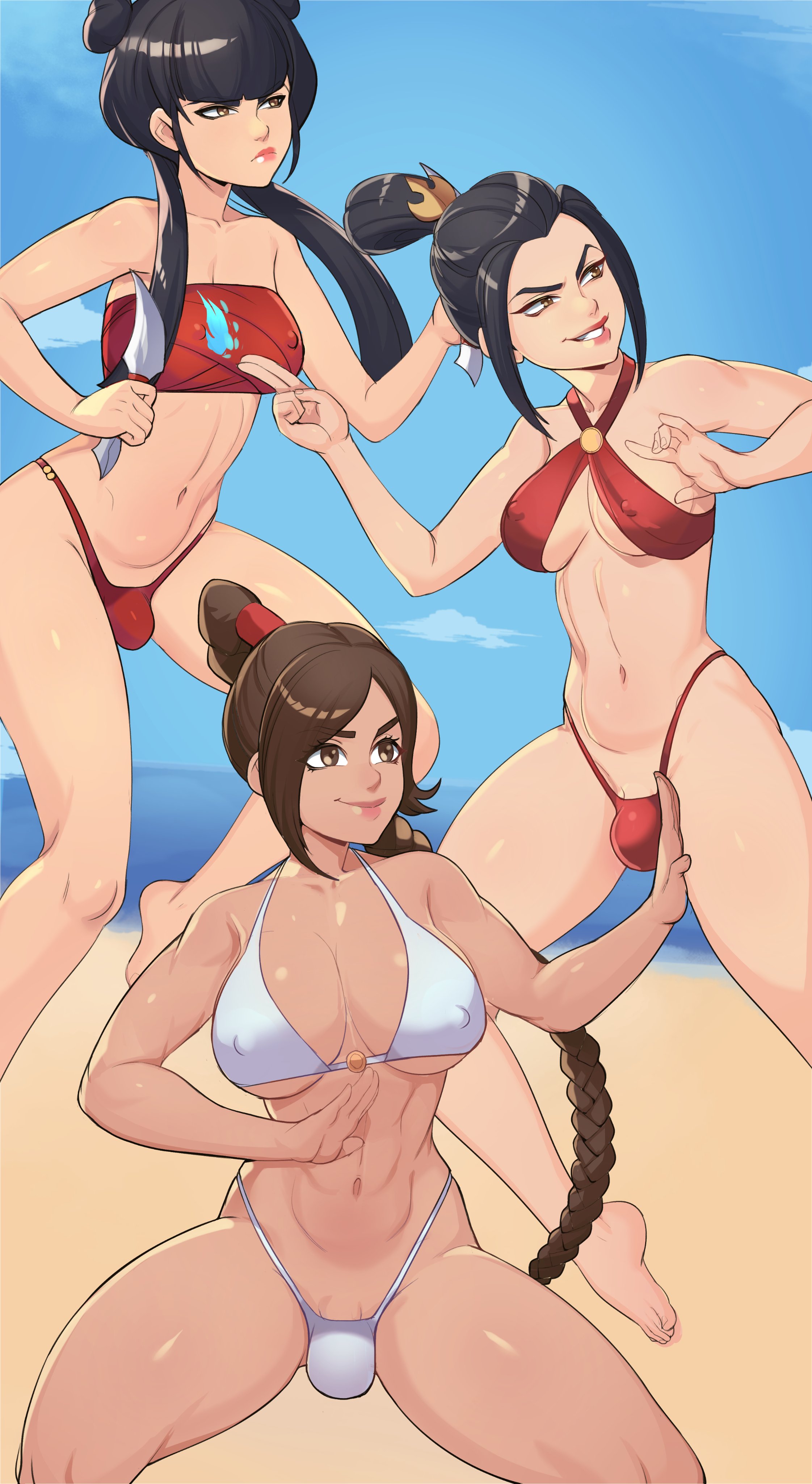3futas, abs, absurdres, avatar the last airbender, azula, beach, big breasts, bikini, breasts, bulge, fire, futa only, futanari, greenmarine, highres, intersex, large breasts, mai (avatar), medium breasts, muscles, muscular, muscular futa, small breasts, swimsuit, ty lee