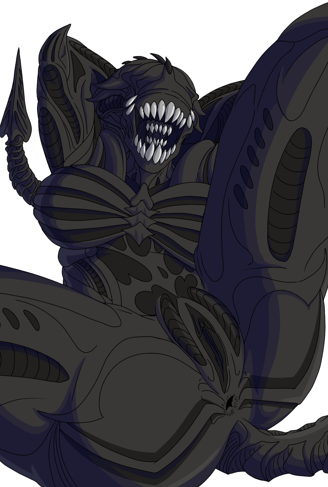 1girls, alien, alien (franchise), anus, arms behind head, ass, big breasts, breasts, cleavage, excella, exoskeleton, eyeless, fangs, featureless breasts, female, female only, female xenomorph, genitals, inner mouth, large breasts, legs, legs spread, mouth open, no humans, no nipples, oc, open mouth, open smile, pussy, sharp teeth, simple background, smile, solo, solo female, tail, teeth, thick, thighs, white background, xenomorph, zimaku15