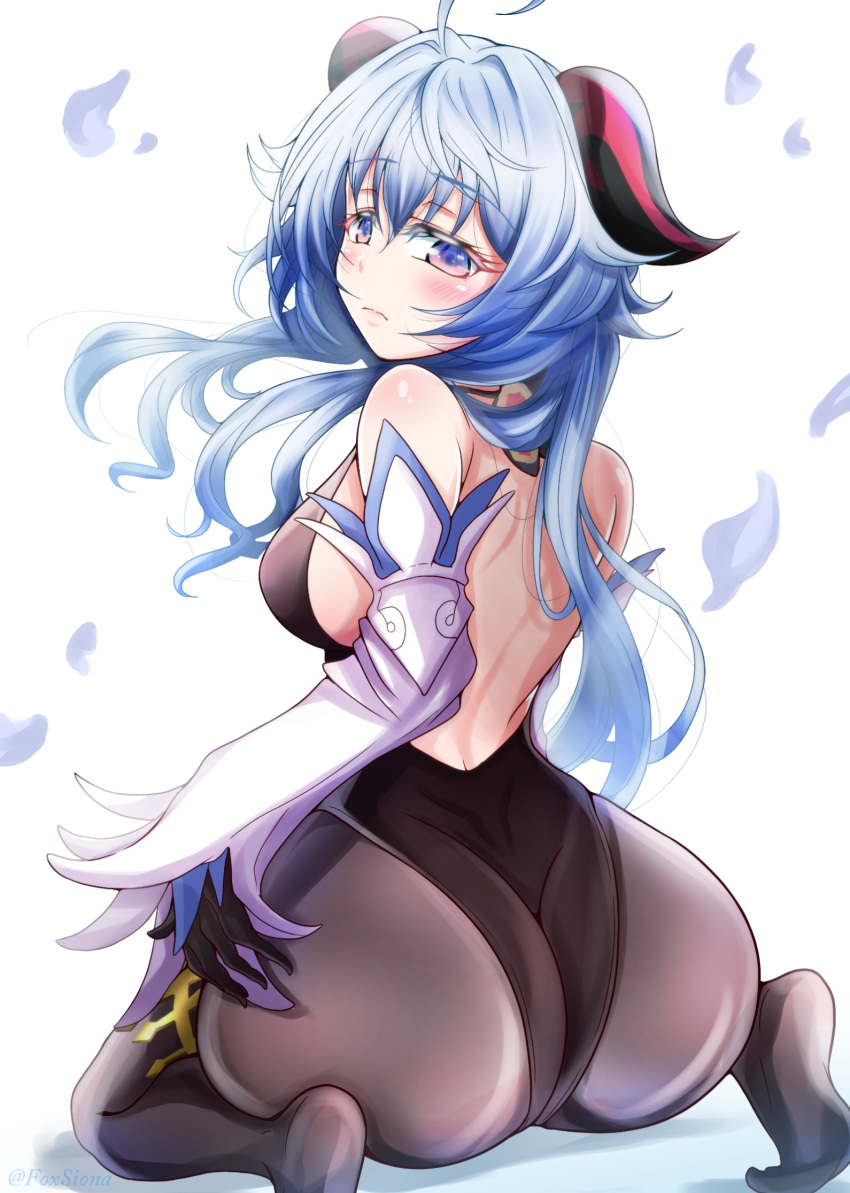 ass, blue eyes, blue hair, clothed, clothing, eyebrows, eyelashes, female, ganyu (genshin impact), genshin impact, hair, long hair, looking back, multicolored eyes, rororo