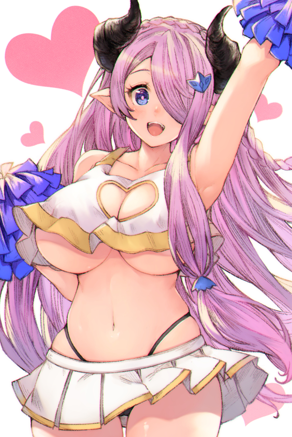 arm up, bare shoulders, blue eyes, braid, breasts, cheerleader, cleavage, cleavage cutout, collarbone, crop top, crop top overhang, draph, female, granblue fantasy, heart cutout, horns, koretsuki azuma, large breasts, looking at viewer, midriff, miniskirt, narmaya (granblue fantasy), navel, panties, pleated skirt, pointy ears, pom poms, purple hair, skirt, sleeveless shirt, solo, underboob, whale tail