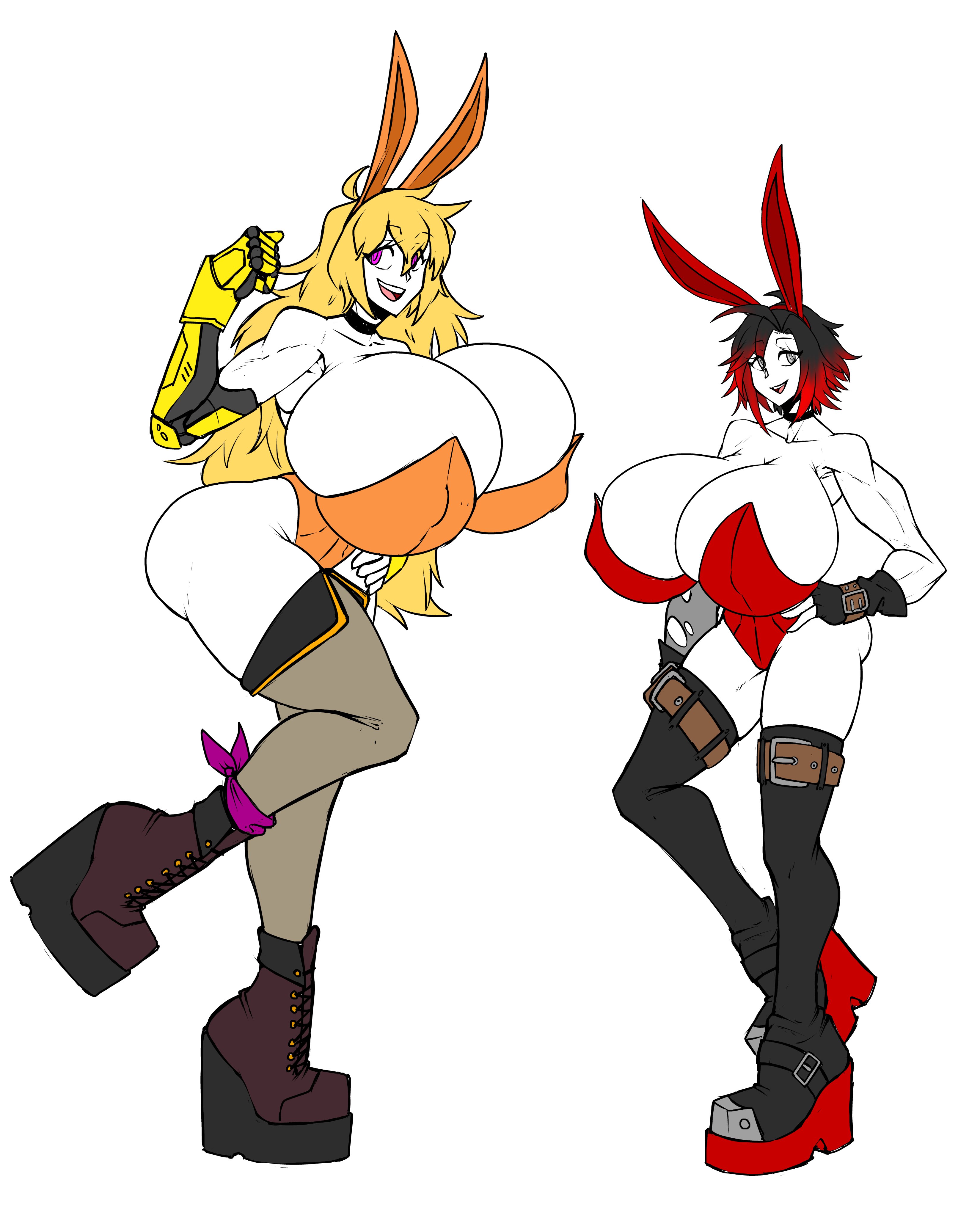 absurd res, blonde hair, breasts, breasts bigger than head, bunny ears, bunnysuit, clothing, female, female only, footwear, handwear, happy, huge breasts, human, looking at viewer, nipple bulge, open mouth, prosthetic, prosthetic arm, purple eyes, ruby rose, rust and bolts, rwby, silver eyes, thick thighs, wide hips, yang xiao long