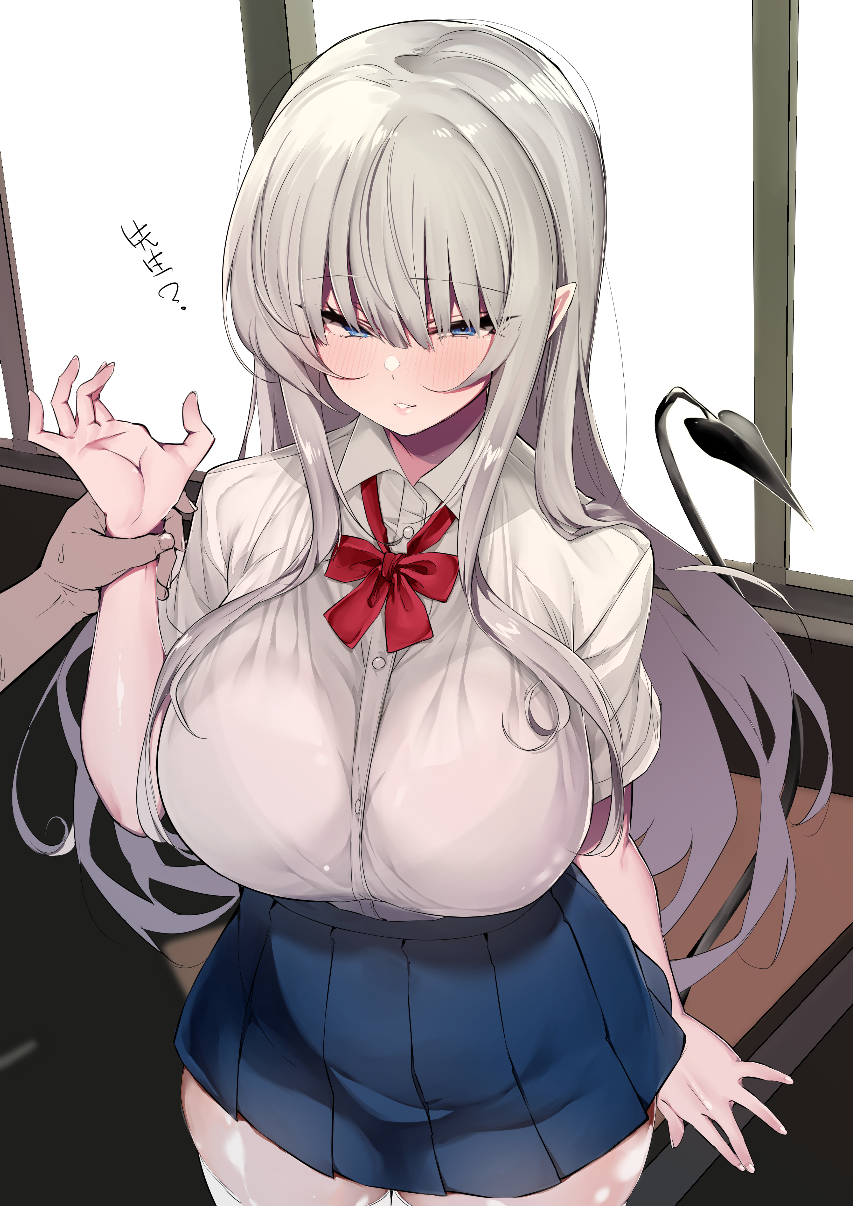absurdres, blue eyes, blush, bra through clothes, bra visible through clothes, breasts, collared shirt, cowboy shot, day, desk, eyebrows visible through hair, female, highres, huge breasts, indoors, long hair, miniskirt, mitsudoue, original, school desk, school uniform, shirt, short sleeves, silver hair, skirt, solo focus, tail, thighhighs, white legwear