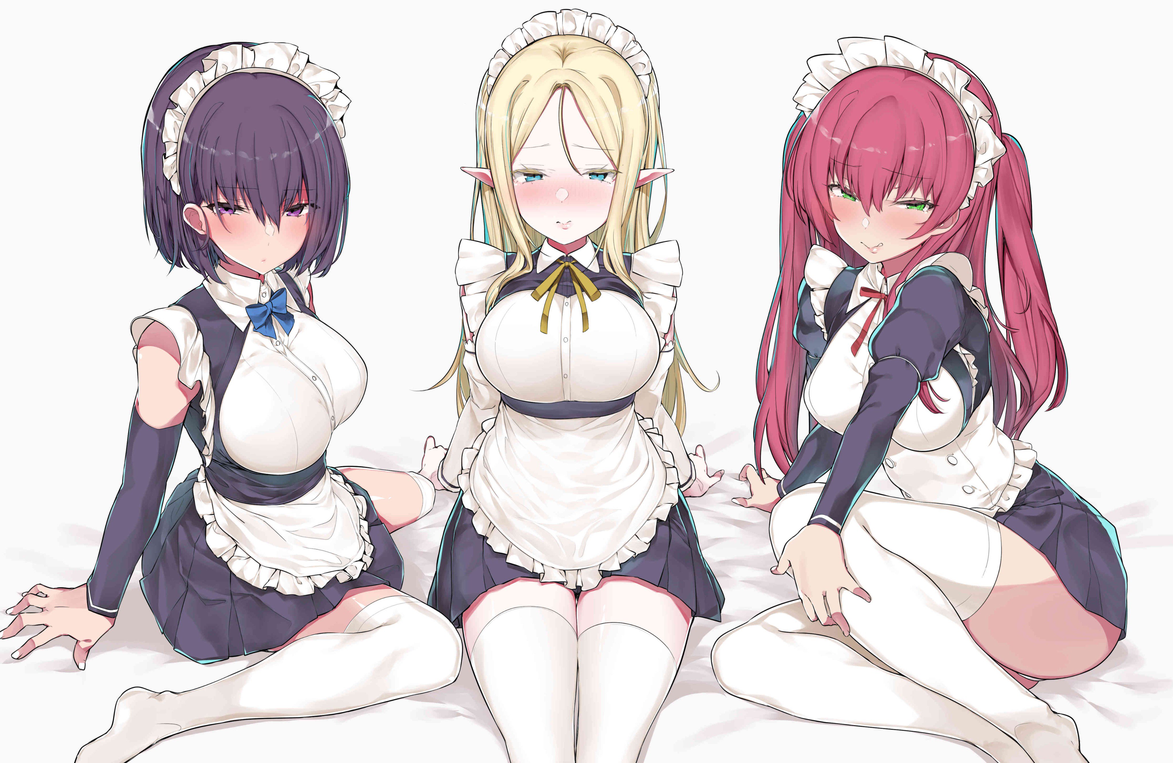 3girls, absurdres, apron, arm support, ass, bangs, black hair, blonde hair, blue eyes, blush, bow, bowtie, breasts, closed mouth, crossed bangs, detached sleeves, elf, eyebrows visible through hair, female, frills, green eyes, grey background, hair between eyes, half-closed eyes, highres, large breasts, lips, long hair, long sleeves, looking at viewer, maid, maid apron, maid headdress, mitsudoue, multiple females, multiple girls, neck ribbon, original, panties, parted bangs, pleated skirt, pointy ears, puffy sleeves, purple eyes, red hair, ribbon, short hair, sidelocks, simple background, sitting, skirt, take your pick, thighhighs, twintails, underwear, wariza, white legwear, white panties, zettai ryouiki