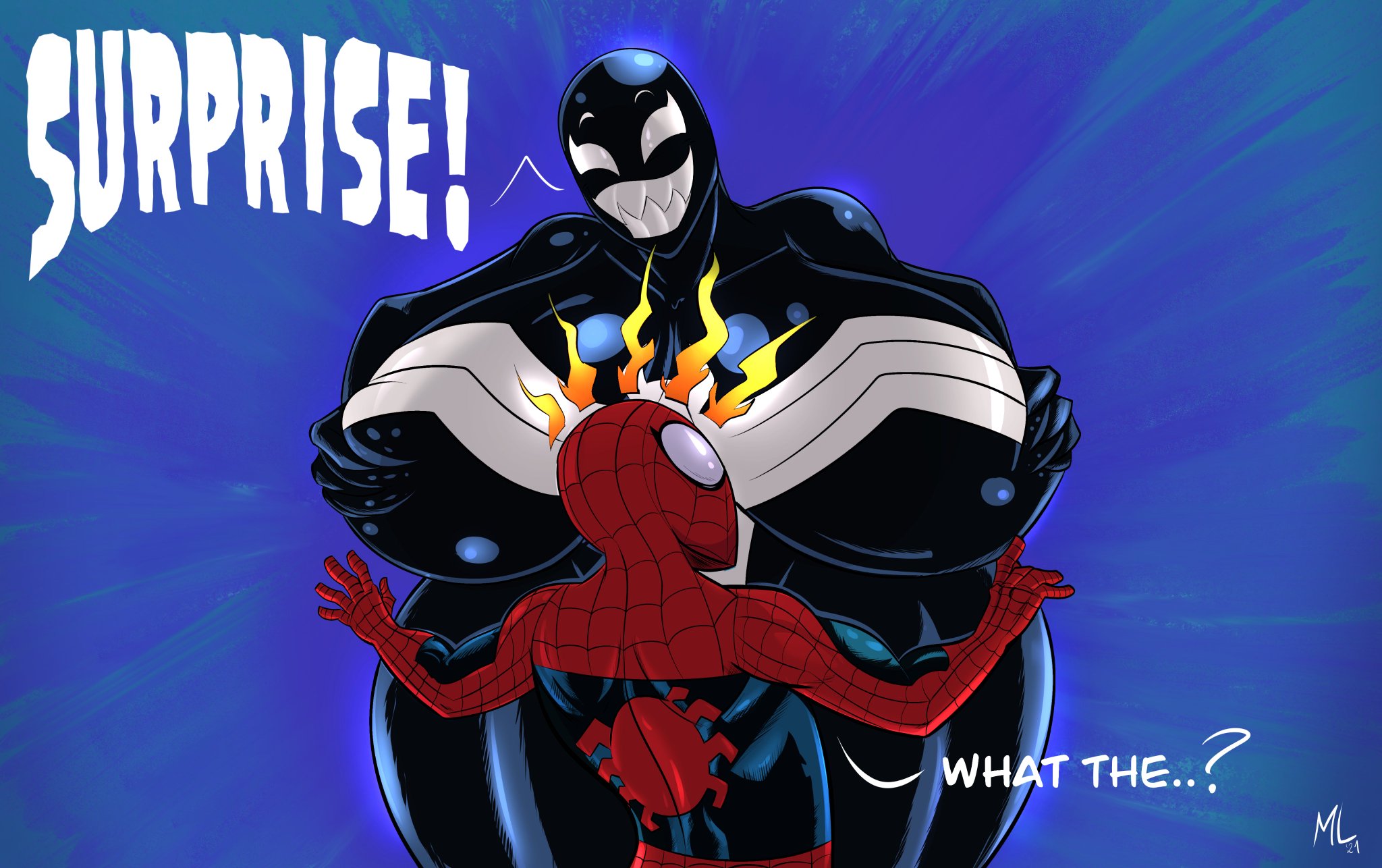 1boy, 1girls, 2021, absurd res, alien, alien humanoid, ameizing lewds, apple butt, ass, big breasts, black body, breasts, breasts bigger than head, bust, busty, duo, faceless male, fangs, female, happy, hips, huge ass, huge breasts, huge butt, huge thighs, human, humanoid, large breasts, light skin, light-skinned male, male, male human/female alien, male human/female humanoid, mammal, marvel, marvel comics, mouth, multicolored body, open mouth, peter parker, she-venom, she-venom (ameizing lewds), smile, smooth skin, snu-snu, spider-man, spider-man (series), straight, symbiote, teeth, thick thighs, two-tone body, venom, venom (marvel), wide hips