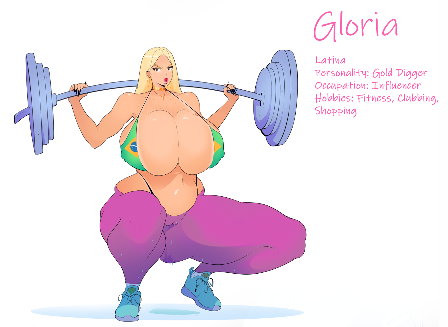athletic, bimbo, blonde hair, female, gym, leggings, muscles, muscular, muscular female, original character, sneakers, spokeninreverse, sweat, weights, workout
