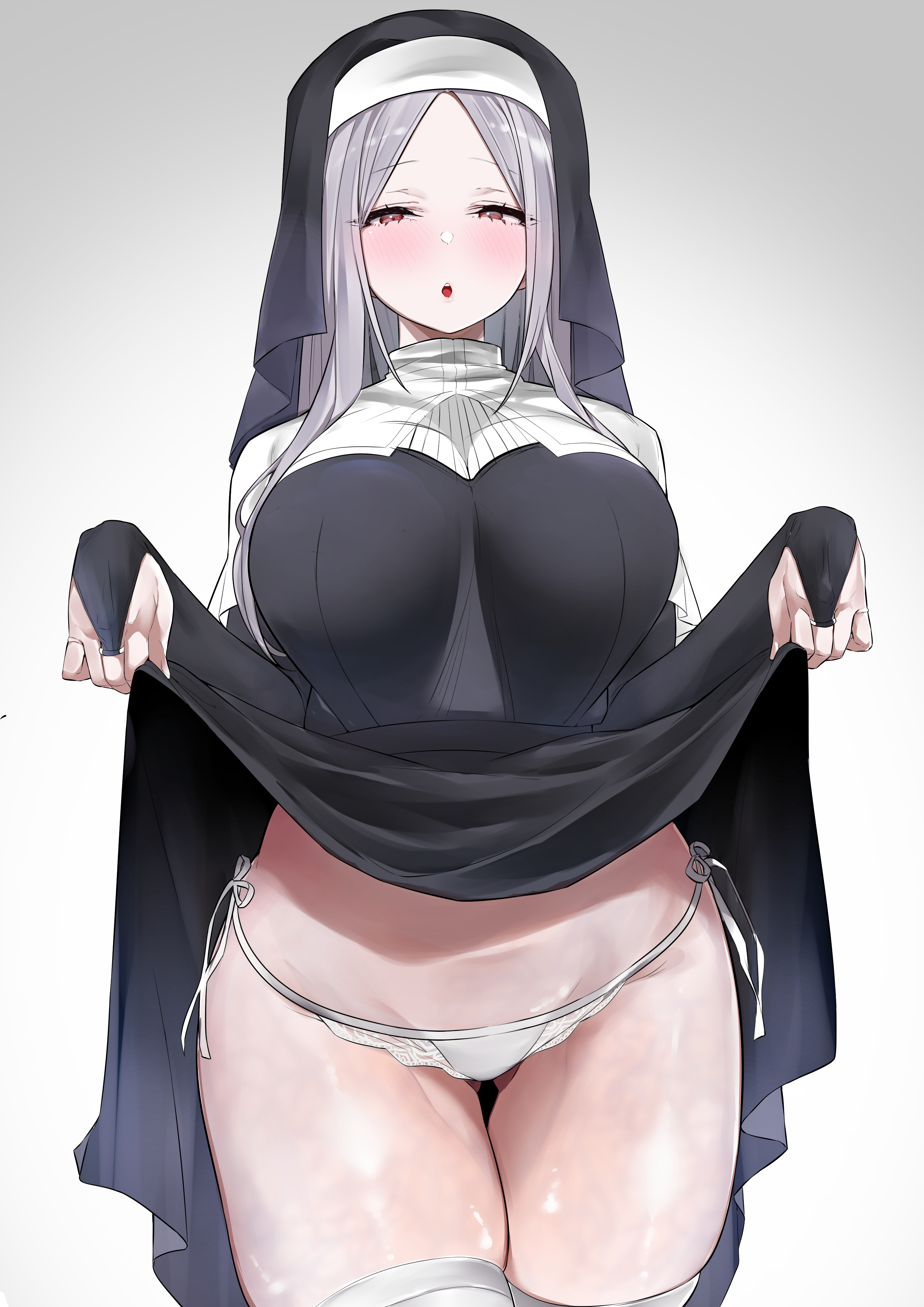 :o, absurdres, bangs, blush, breasts, bridal gauntlets, dress, dress lift, female, gloves, grey hair, habit, half-closed eyes, highres, large breasts, lifted by self, long hair, long sleeves, looking at viewer, mitsudoue, nun, open mouth, original, panties, pantyshot, purple eyes, shiny, shiny skin, side-tie panties, solo, thighhighs, thighs, underwear