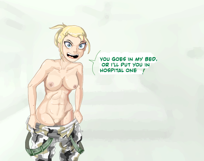 bezimeny blonde_hair exposed_breasts exposed_pussy femdom intimidation military_uniform muscular_female original_character simple_background stripping text undressing