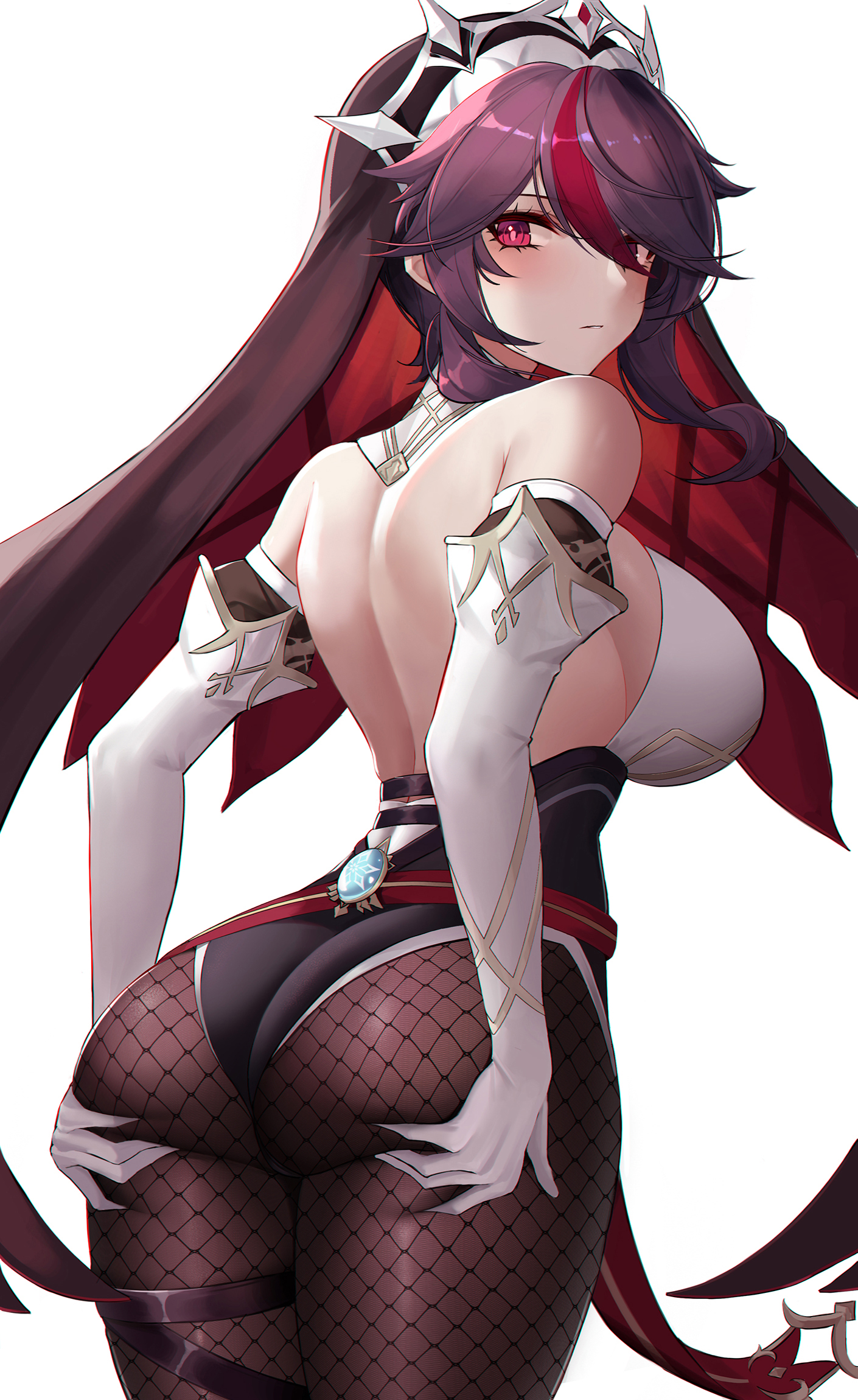 1girls, ass, ass support, big ass, big breasts, big butt, breasts, curvy, eternity (shadeh), female, female only, genshin impact, gloves, hand on ass, horny, large breasts, long gloves, looking at viewer, looking back, nun, pantyhose, red eyes, red hair, rosaria (genshin impact), short hair, solo, solo female, thick, thick ass, voluptuous