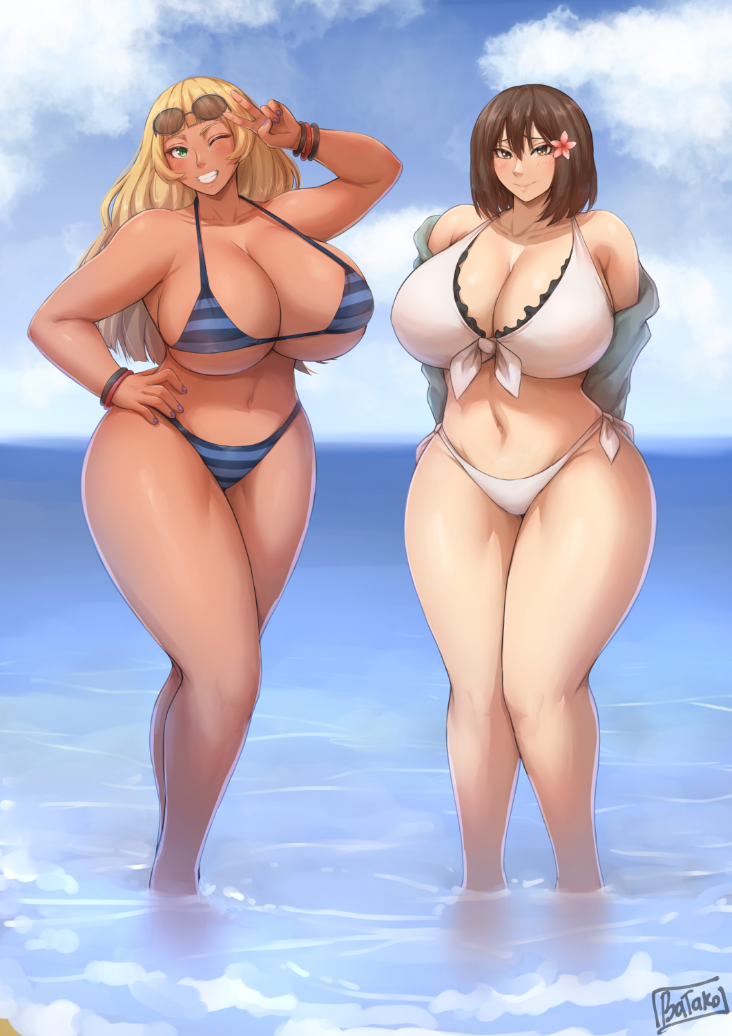 2021 2girls arms_behind_back batako belly bikini bikini_bottom bikini_top blonde_hair curvy female female_focus female_only green_eyes gyaru hair_flower hand_on_hip hand_on_own_hip light-skinned_female light_skin navel ocean one_eye_closed original original_character original_characters pale-skinned_female pale_skin plump sea seaside smile standing stomach striped_bikini striped_bikini_bottom striped_bikini_top sunglasses sunglasses_on_forehead sunglasses_on_head tan tan_body tan_skin tanned tanned_skin thick_thighs thighs v v_sign