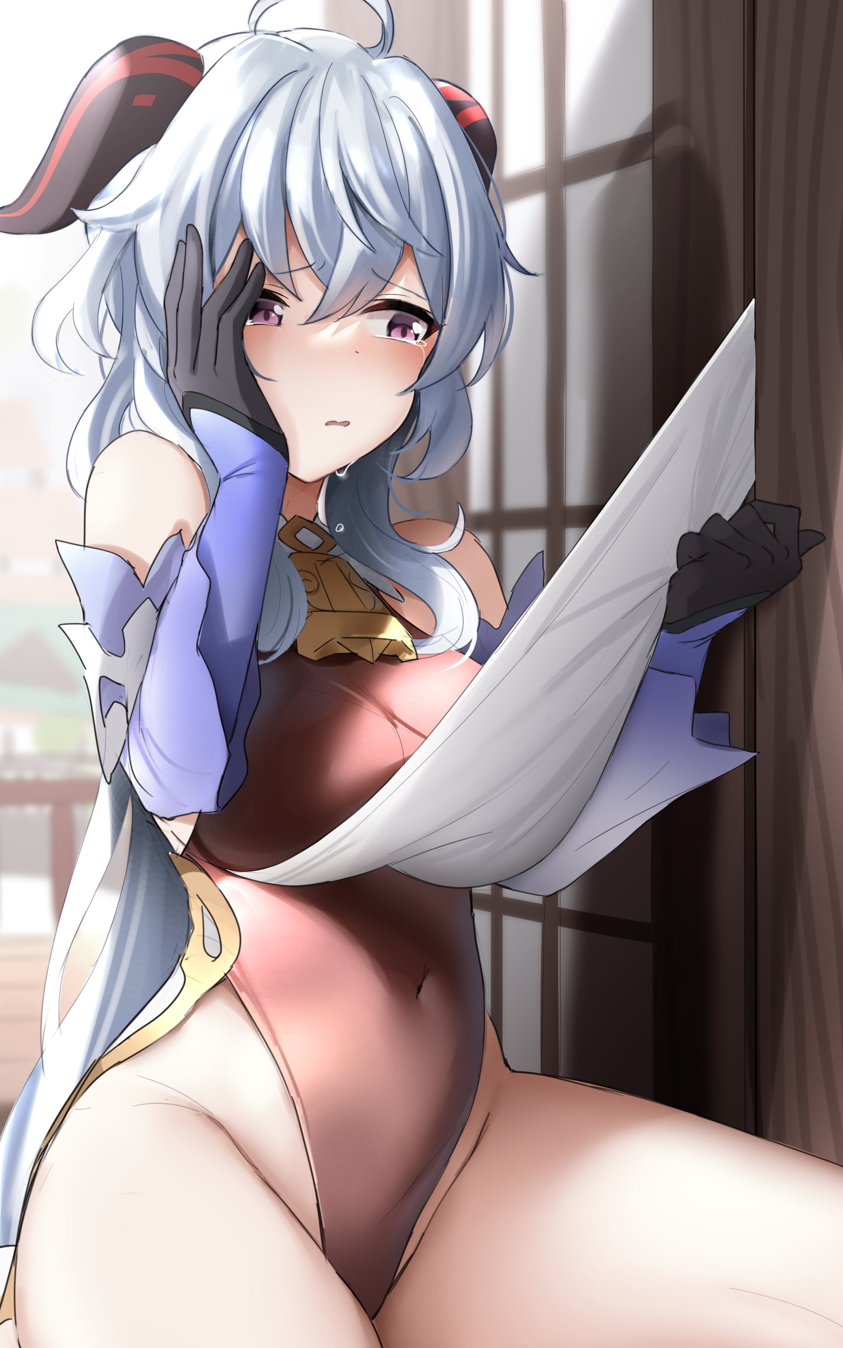 door, embarrassed, female, female only, ganyu (genshin impact), genshin impact, hair, shengtian, stuck, thick thighs
