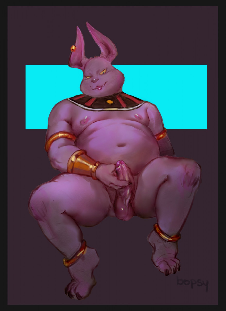 1boy alien anthro balls belly boner bopsy champa domestic_cat dragon_ball dragon_ball_super ear_piercing ear_ring erection felid feline felis fur genitals hi_res jewelry male male_only mammal masturbation moobs mostly_nude navel nipples overweight penis piercing purple_body purple_fur solo