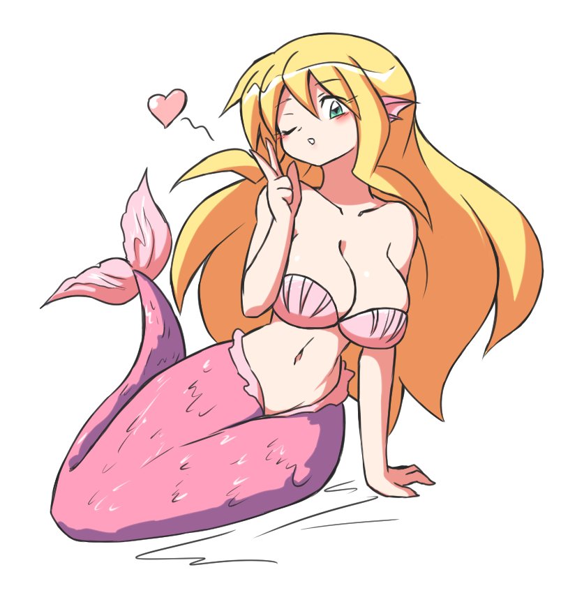 1girls bare_shoulders blonde_hair blush breasts cleavage collarbone ear_fins eyebrows_visible_through_hair female female_only fins fish_tail green_eyes hair heart jpeg large_breasts long_hair mermaid open_mouth original paulgq pink_tail seashell seashell_bra shell solo solo_female tail v_sign white_background wink